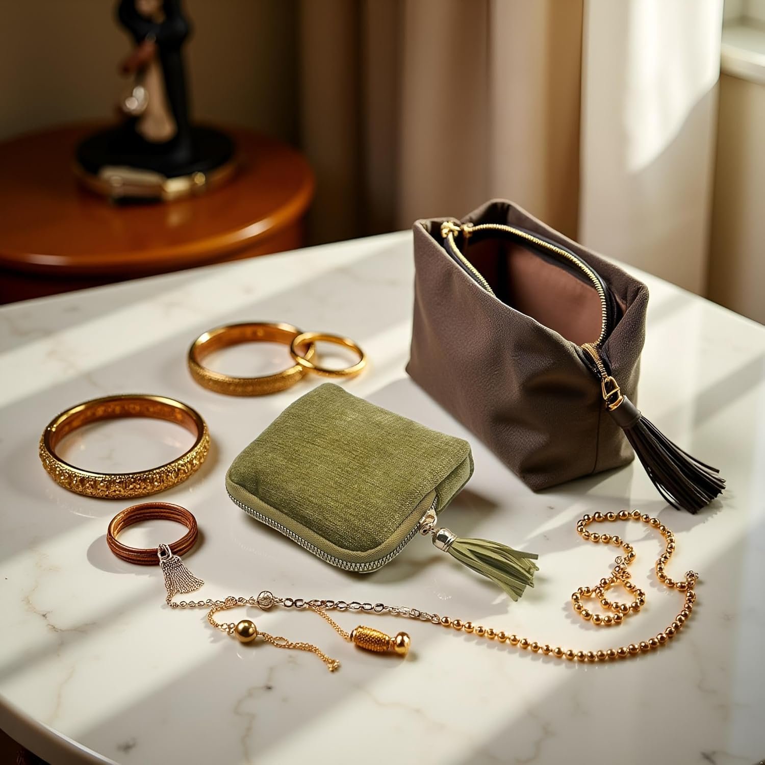 Private Label Small Travel Jewelry Case - Custom Logo Organizer Bag with Tassel Zipper for Bracelets Necklaces Bangles Olive Green - Manufacturer Storage Gift for Women Girls