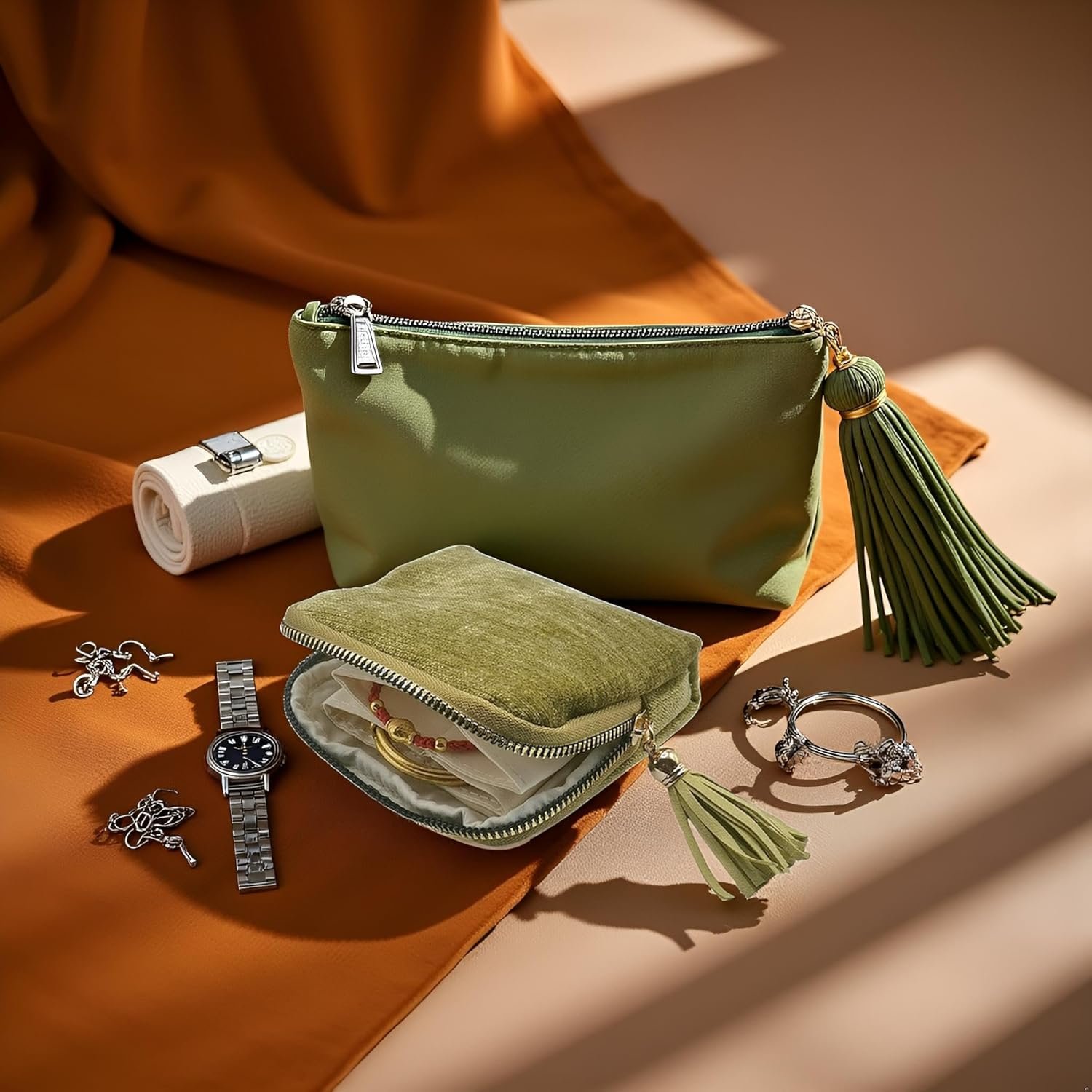 Private Label Small Travel Jewelry Case - Custom Logo Organizer Bag with Tassel Zipper for Bracelets Necklaces Bangles Olive Green - Manufacturer Storage Gift for Women Girls