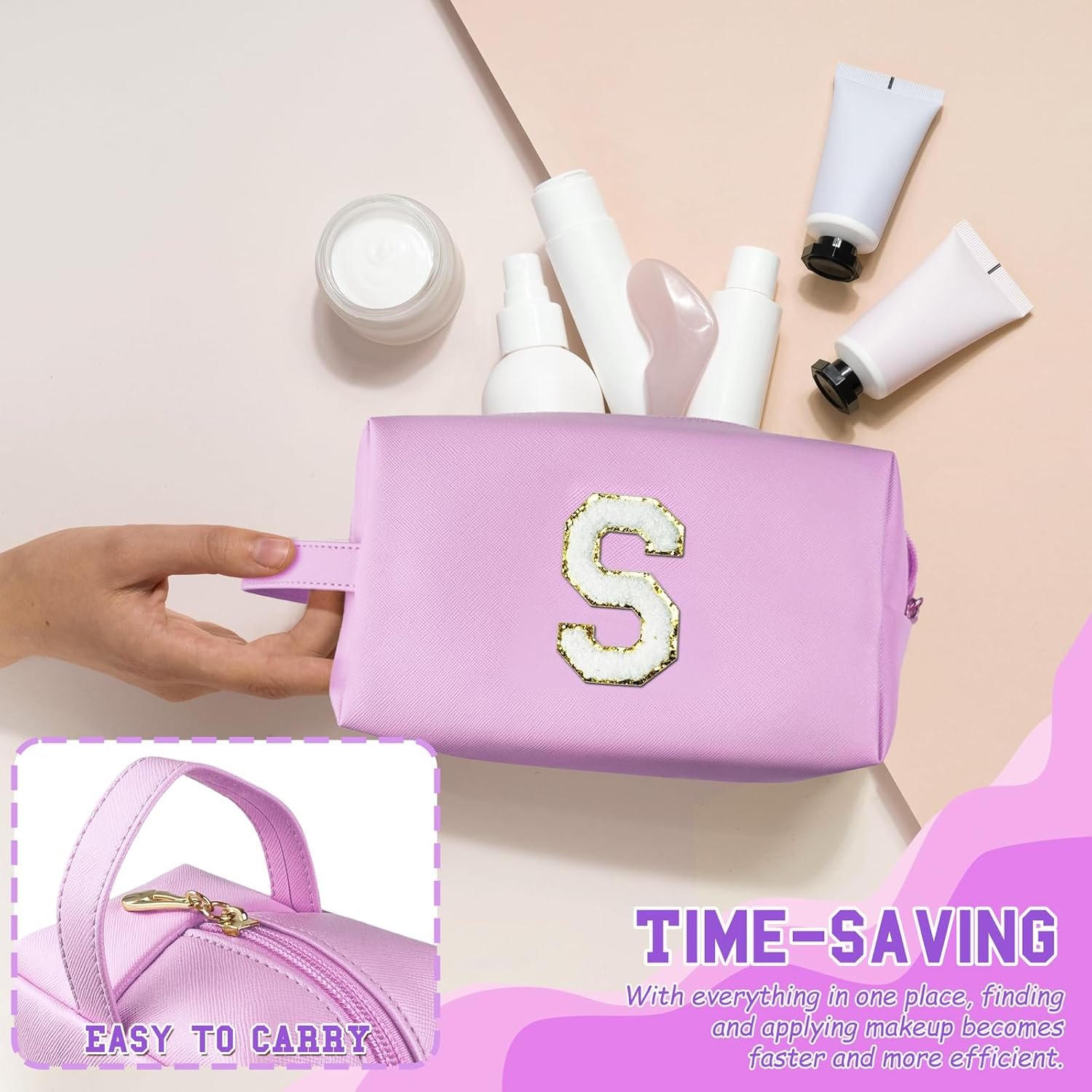Custom Logo Personalized Initial Makeup Bag with Handle Private Label Preppy Cosmetic Bag with Inner Zipper Pocket for Girls 8 9 10 11 12 13 14 Years Old Graduation Gifts Teen Women Teachers Size S Purple Manufacturer