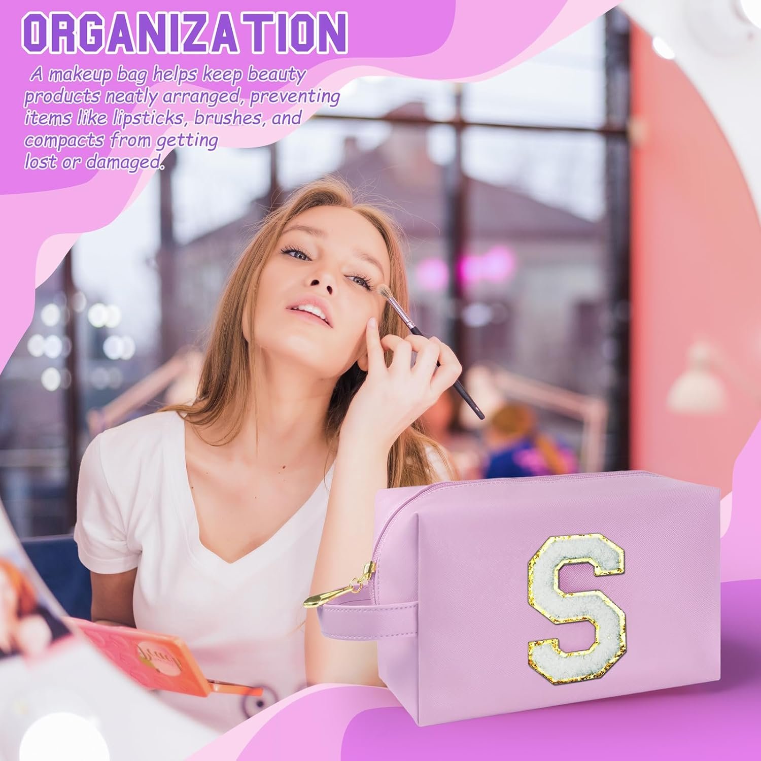 Custom Logo Personalized Initial Makeup Bag with Handle Private Label Preppy Cosmetic Bag with Inner Zipper Pocket for Girls 8 9 10 11 12 13 14 Years Old Graduation Gifts Teen Women Teachers Size S Purple Manufacturer