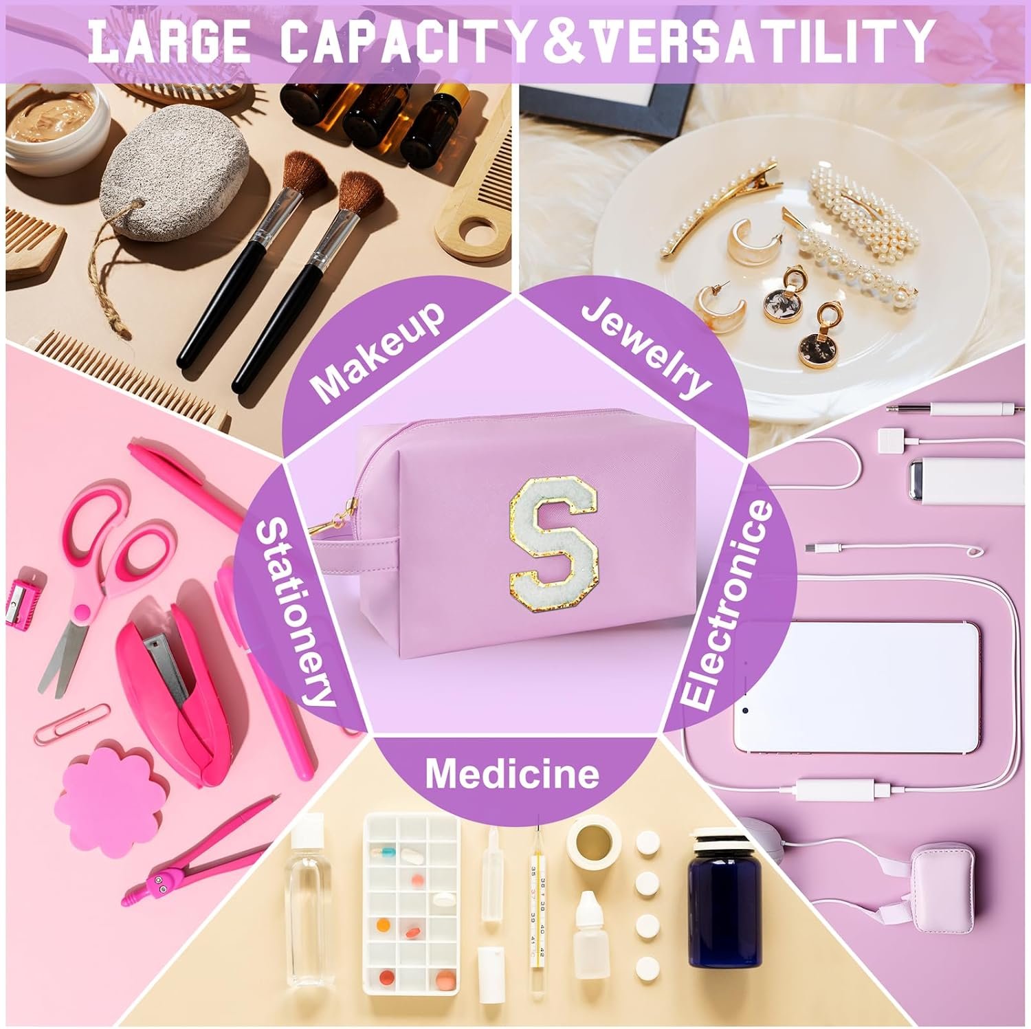 Custom Logo Personalized Initial Makeup Bag with Handle Private Label Preppy Cosmetic Bag with Inner Zipper Pocket for Girls 8 9 10 11 12 13 14 Years Old Graduation Gifts Teen Women Teachers Size S Purple Manufacturer