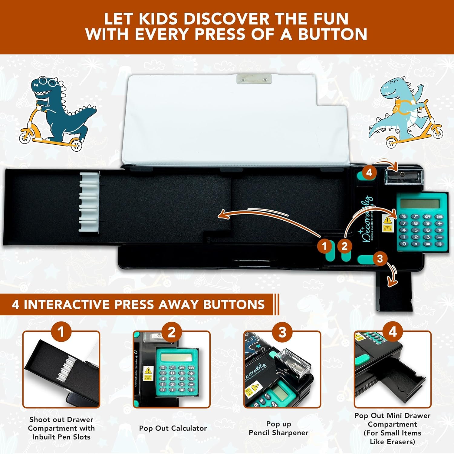 Private Label Pop-Up Multifunction Dinosaur Pencil Case with Calculator, Sharpener, Pen Slots, Mini Drawer, Custom Logo, 2 Main Compartments & Magnetic Closure for Boys - Manufacturer Back to School Gift for Kids