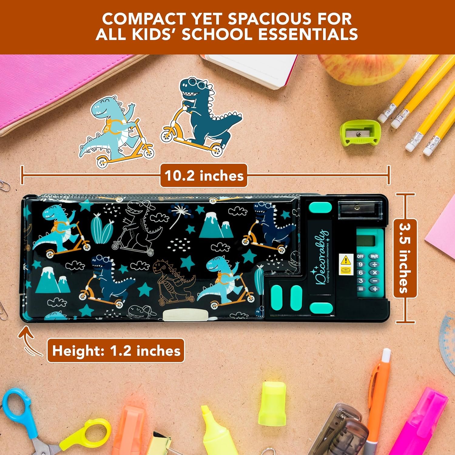 Private Label Pop-Up Multifunction Dinosaur Pencil Case with Calculator, Sharpener, Pen Slots, Mini Drawer, Custom Logo, 2 Main Compartments & Magnetic Closure for Boys - Manufacturer Back to School Gift for Kids