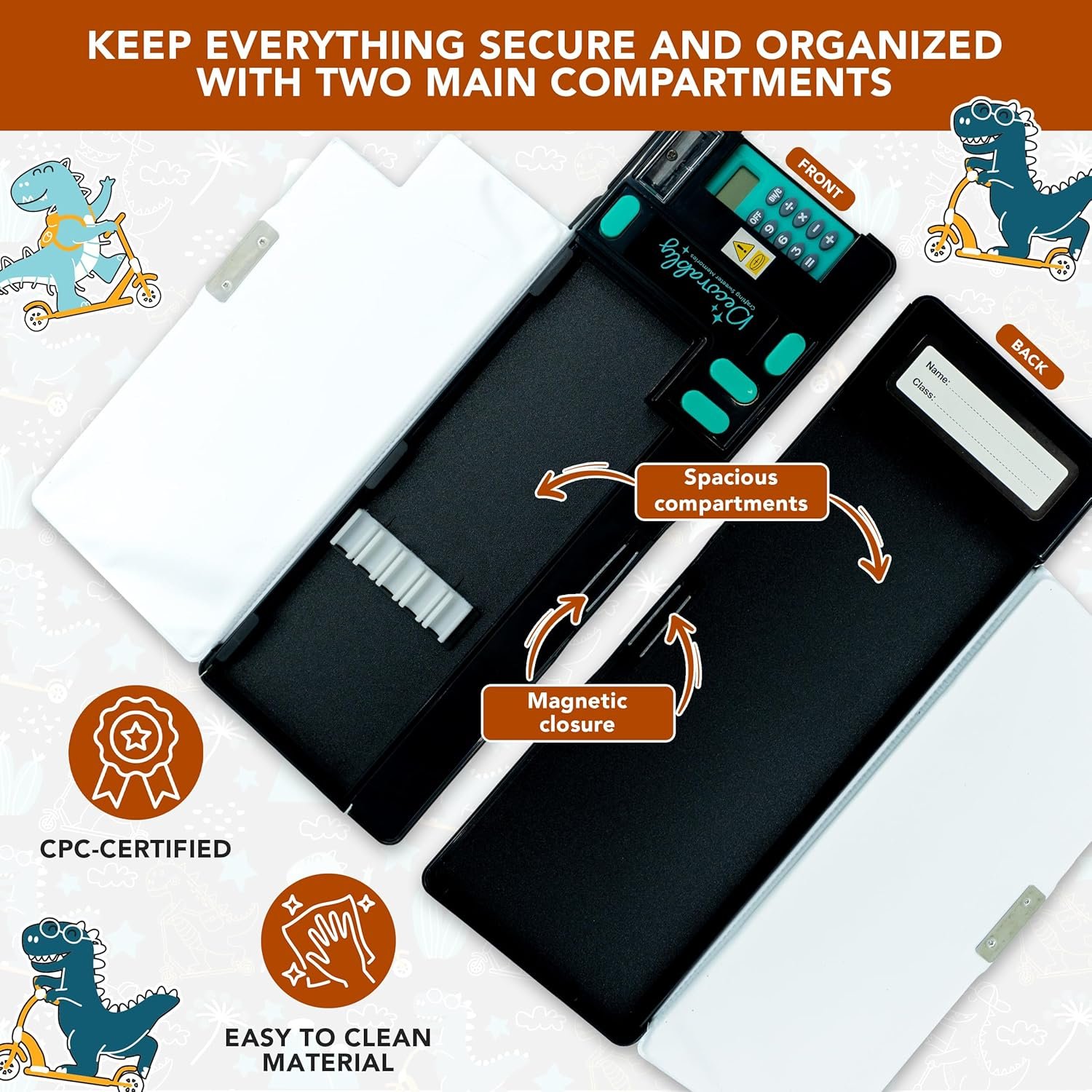 Private Label Pop-Up Multifunction Dinosaur Pencil Case with Calculator, Sharpener, Pen Slots, Mini Drawer, Custom Logo, 2 Main Compartments & Magnetic Closure for Boys - Manufacturer Back to School Gift for Kids