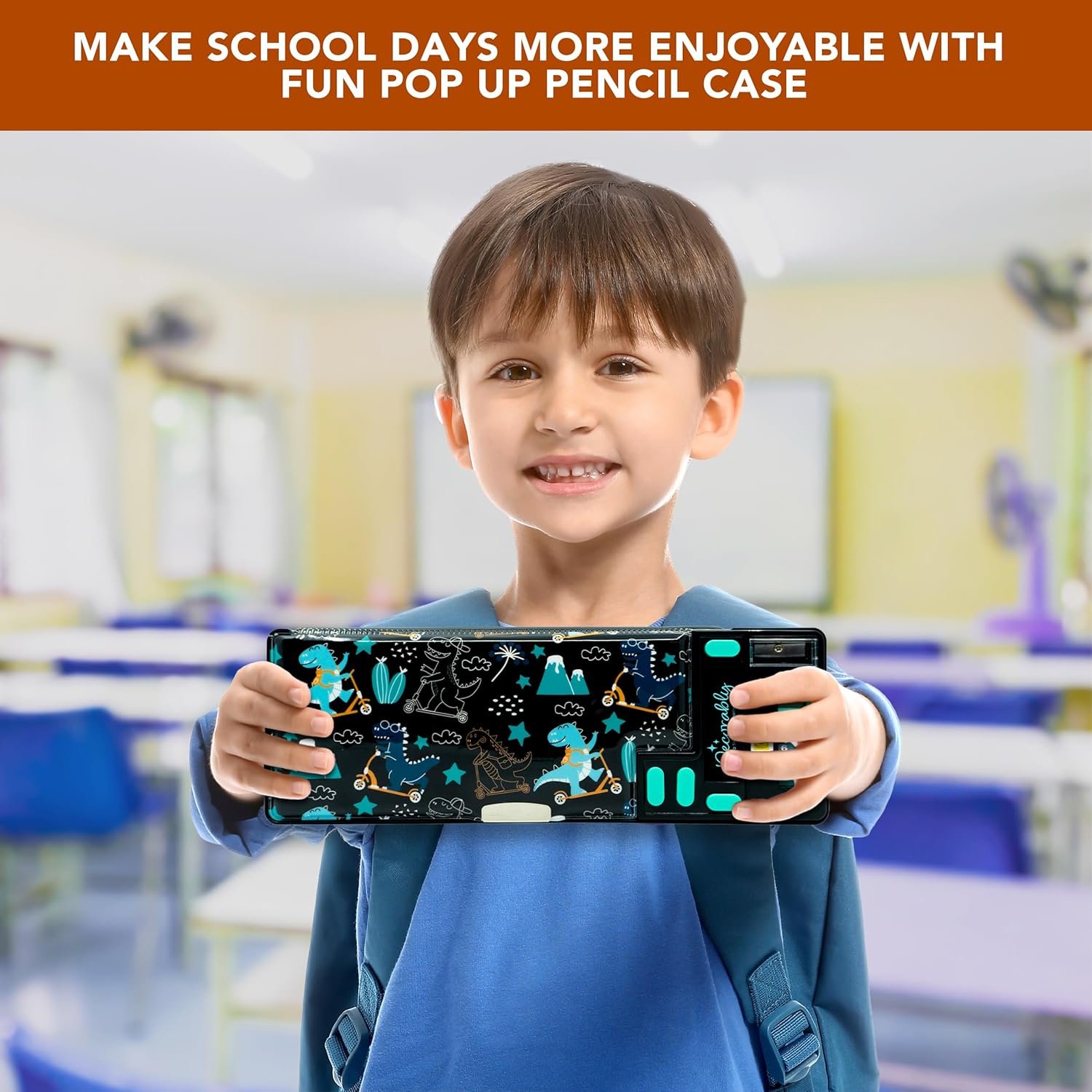 Private Label Pop-Up Multifunction Dinosaur Pencil Case with Calculator, Sharpener, Pen Slots, Mini Drawer, Custom Logo, 2 Main Compartments & Magnetic Closure for Boys - Manufacturer Back to School Gift for Kids