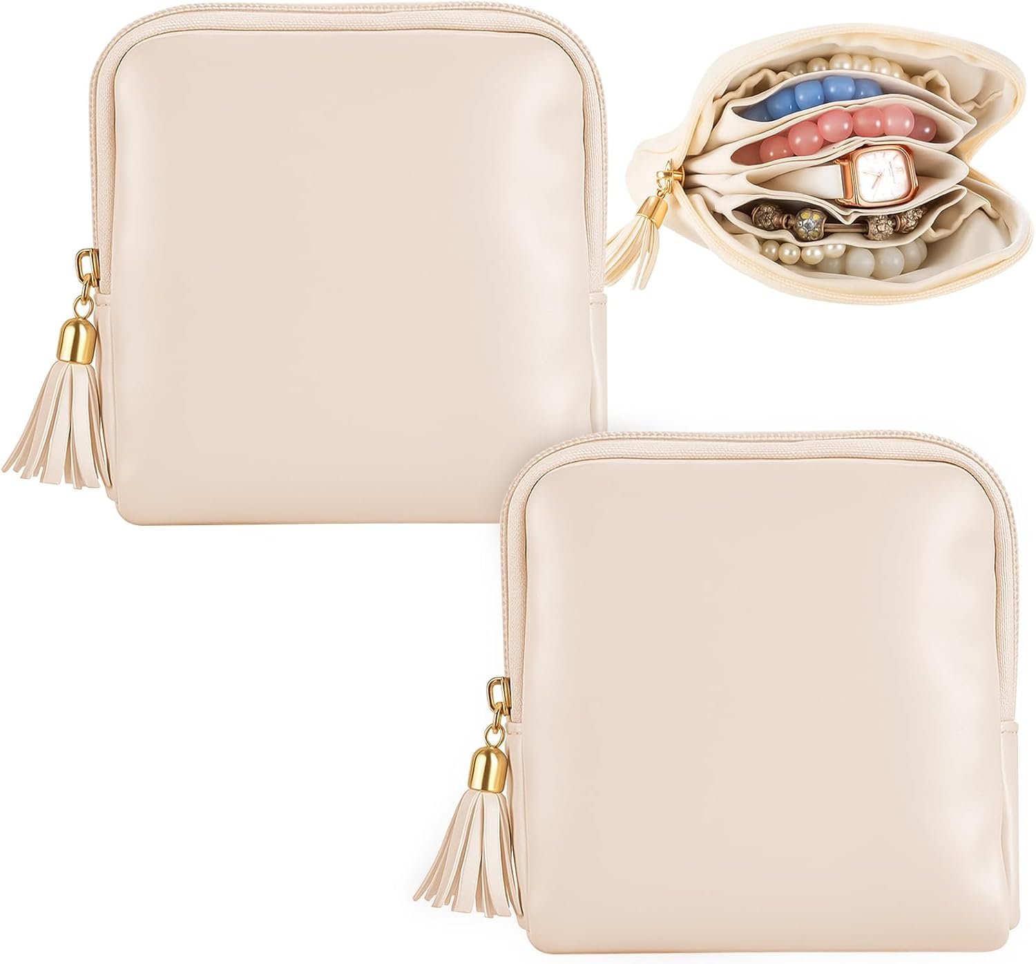 2 Pcs Small Travel Jewelry Case for Women Girls Gift, Mini Jewelry Pouch Organizer Bag with Zipper, Portable Waterproof Velvet Jewelries Bag for Rings, Necklaces (Beige)