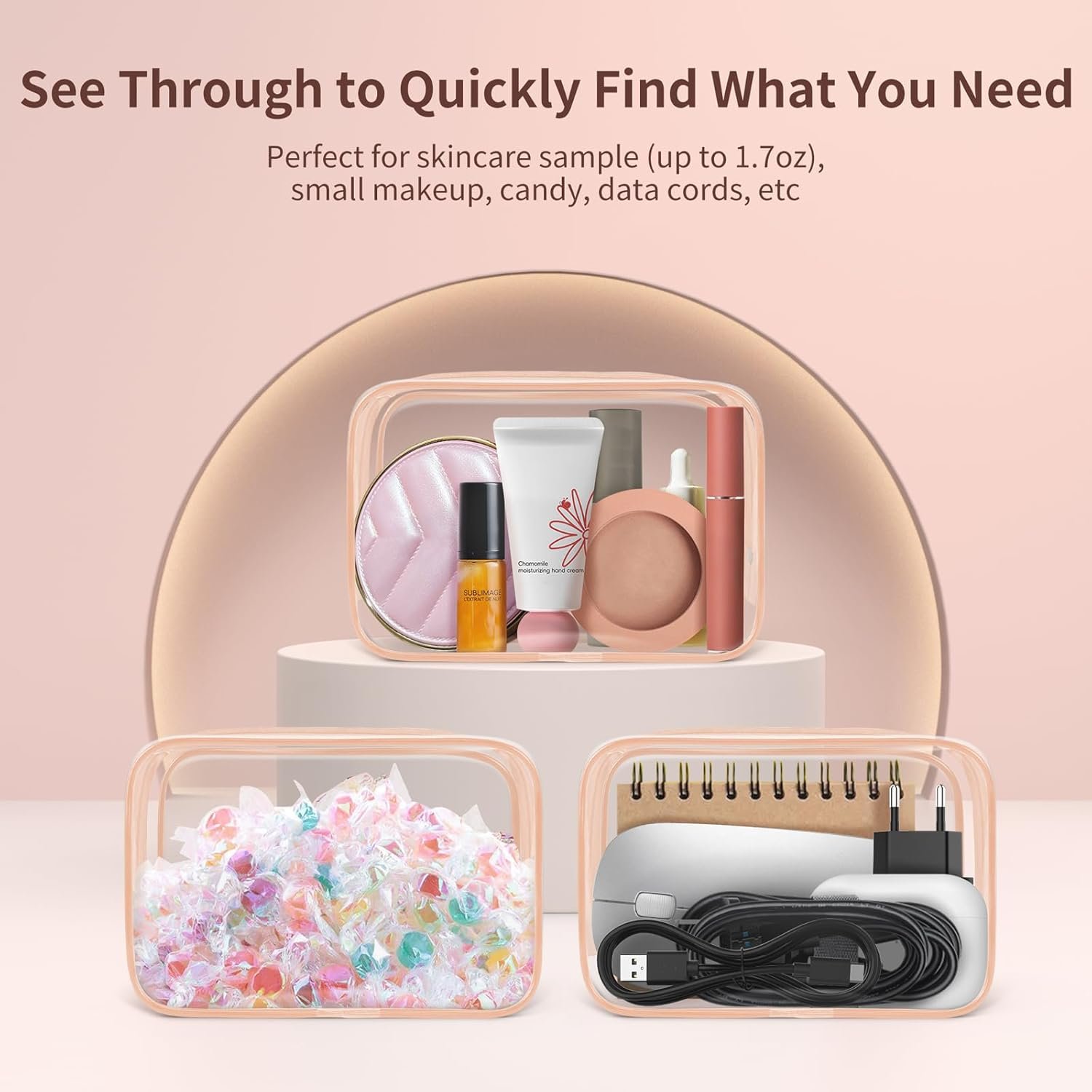 Custom Logo 12 PCS Clear Makeup Bags for Women with Zipper TSA Approved Toiletry Pouches Private Label Cosmetic Bulk Small Orange-Pink Manufacturer