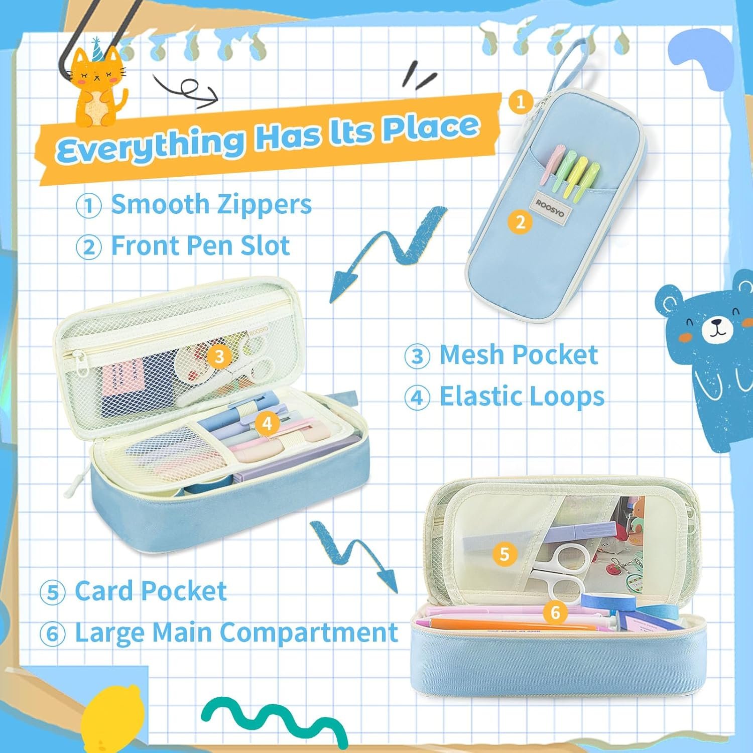 Private Label Aesthetic Pencil Case Pouch with Zipper Large Capacity Custom Logo Organizer Bag for School Supplies Pens Pencils Markers Cute Storage for Kids Girls Teens College Manufacturer Blue