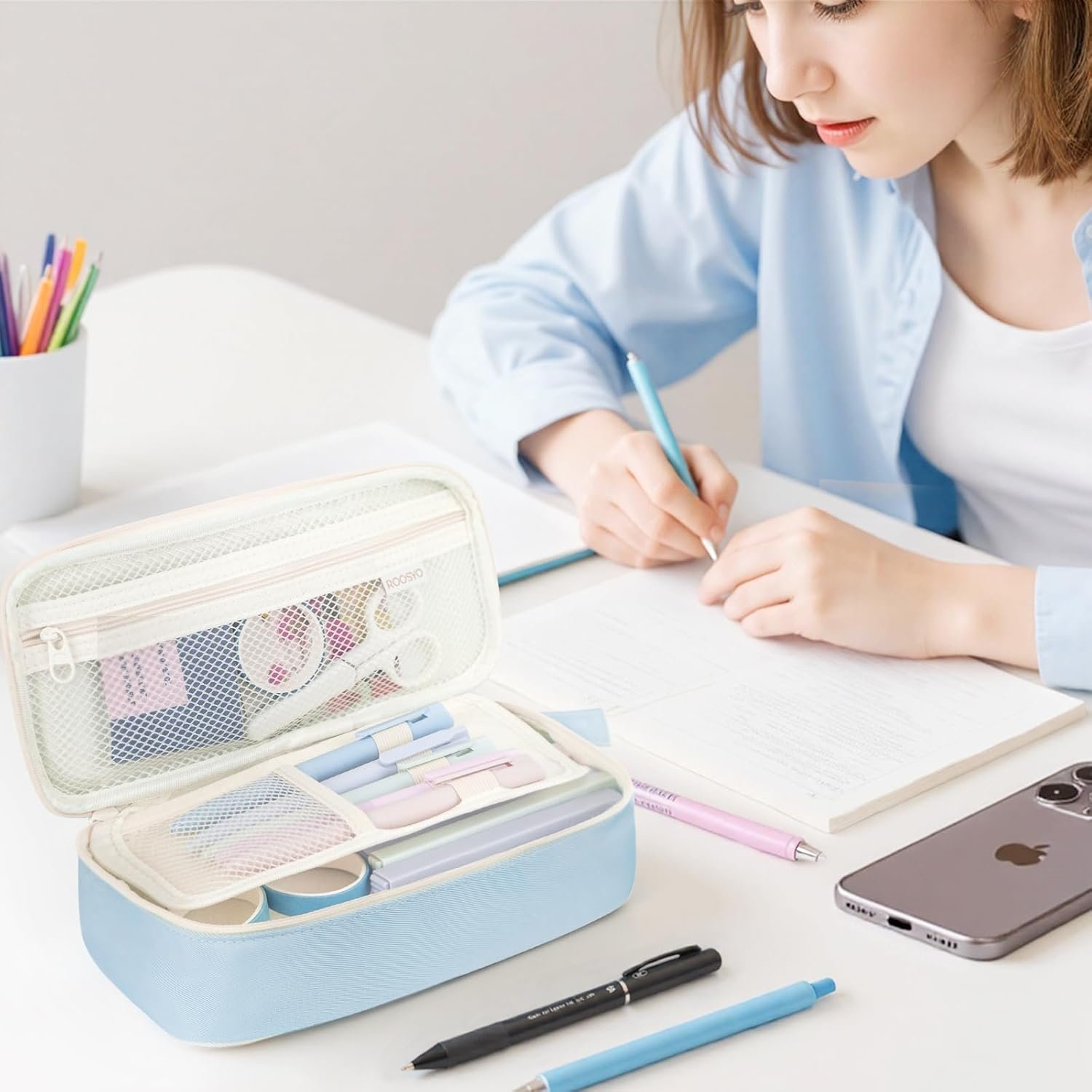 Private Label Aesthetic Pencil Case Pouch with Zipper Large Capacity Custom Logo Organizer Bag for School Supplies Pens Pencils Markers Cute Storage for Kids Girls Teens College Manufacturer Blue