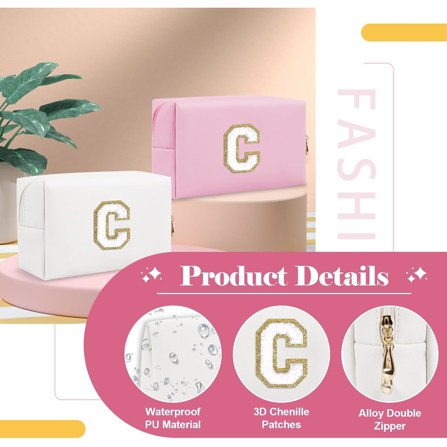 Custom Logo Small Personalized A-Z Initial Preppy Patch Makeup Bag Private Label White PU Chenille Letter C Travel Cosmetic Zipper Pouch Manufacturer Cute Toiletry Gift for Teen Girls Women Teachers Bridesmaids