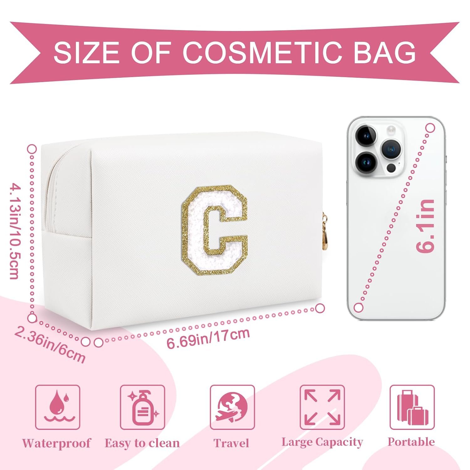 Custom Logo Small Personalized A-Z Initial Preppy Patch Makeup Bag Private Label White PU Chenille Letter C Travel Cosmetic Zipper Pouch Manufacturer Cute Toiletry Gift for Teen Girls Women Teachers Bridesmaids