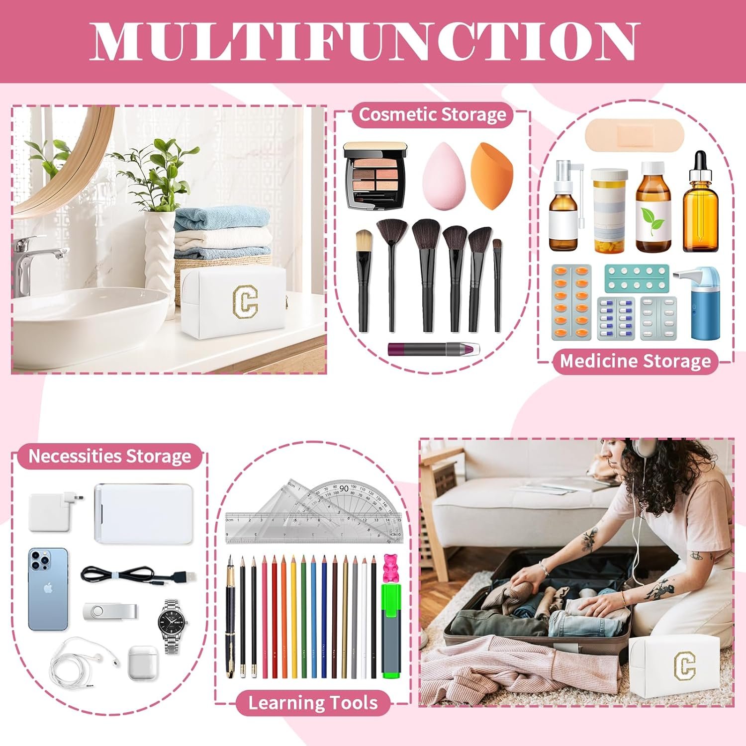 Custom Logo Small Personalized A-Z Initial Preppy Patch Makeup Bag Private Label White PU Chenille Letter C Travel Cosmetic Zipper Pouch Manufacturer Cute Toiletry Gift for Teen Girls Women Teachers Bridesmaids