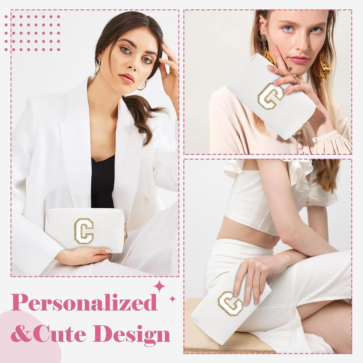 Custom Logo Small Personalized A-Z Initial Preppy Patch Makeup Bag Private Label White PU Chenille Letter C Travel Cosmetic Zipper Pouch Manufacturer Cute Toiletry Gift for Teen Girls Women Teachers Bridesmaids