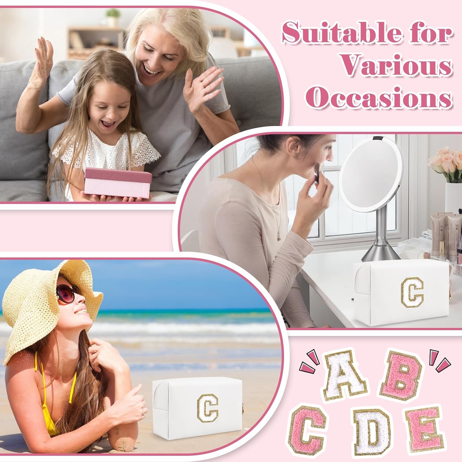 Custom Logo Small Personalized A-Z Initial Preppy Patch Makeup Bag Private Label White PU Chenille Letter C Travel Cosmetic Zipper Pouch Manufacturer Cute Toiletry Gift for Teen Girls Women Teachers Bridesmaids