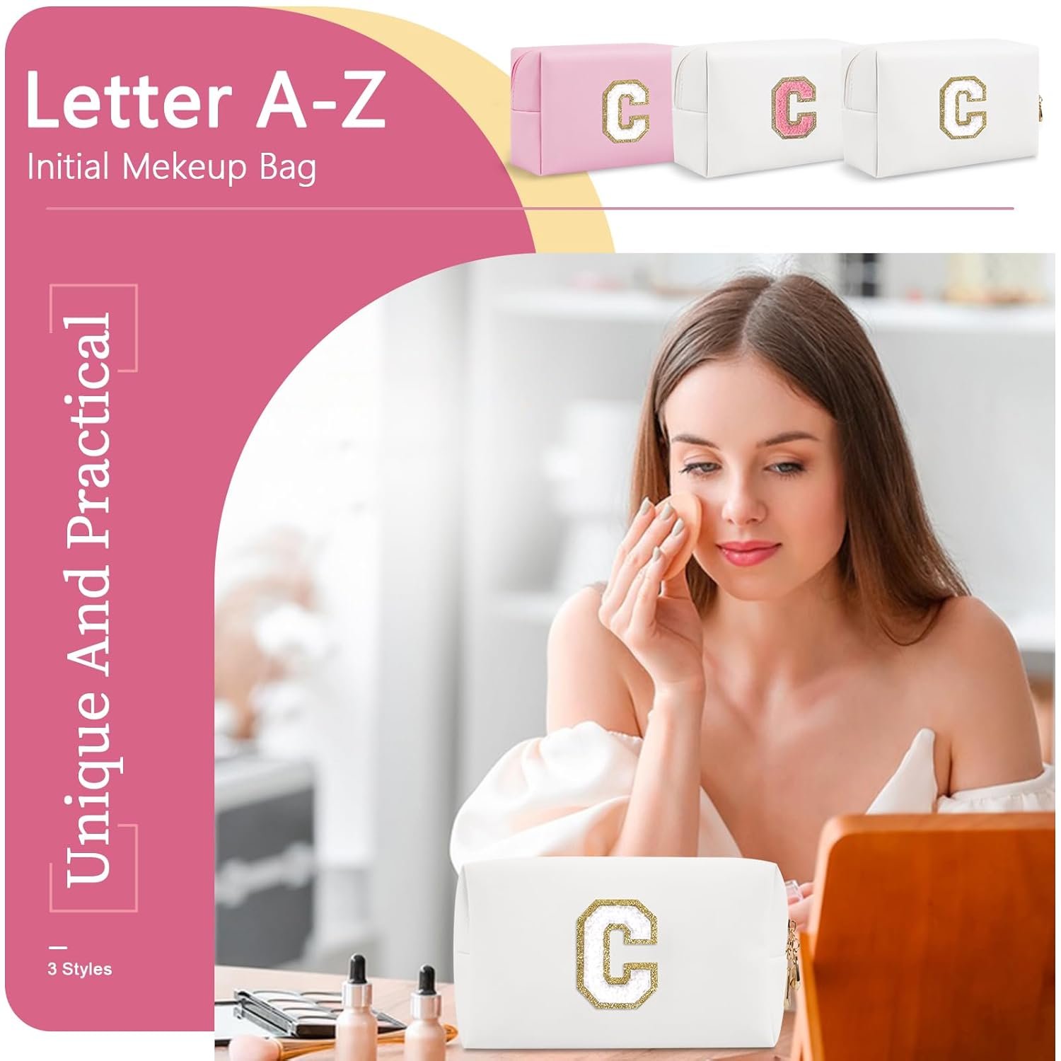 Custom Logo Small Personalized A-Z Initial Preppy Patch Makeup Bag Private Label White PU Chenille Letter C Travel Cosmetic Zipper Pouch Manufacturer Cute Toiletry Gift for Teen Girls Women Teachers Bridesmaids