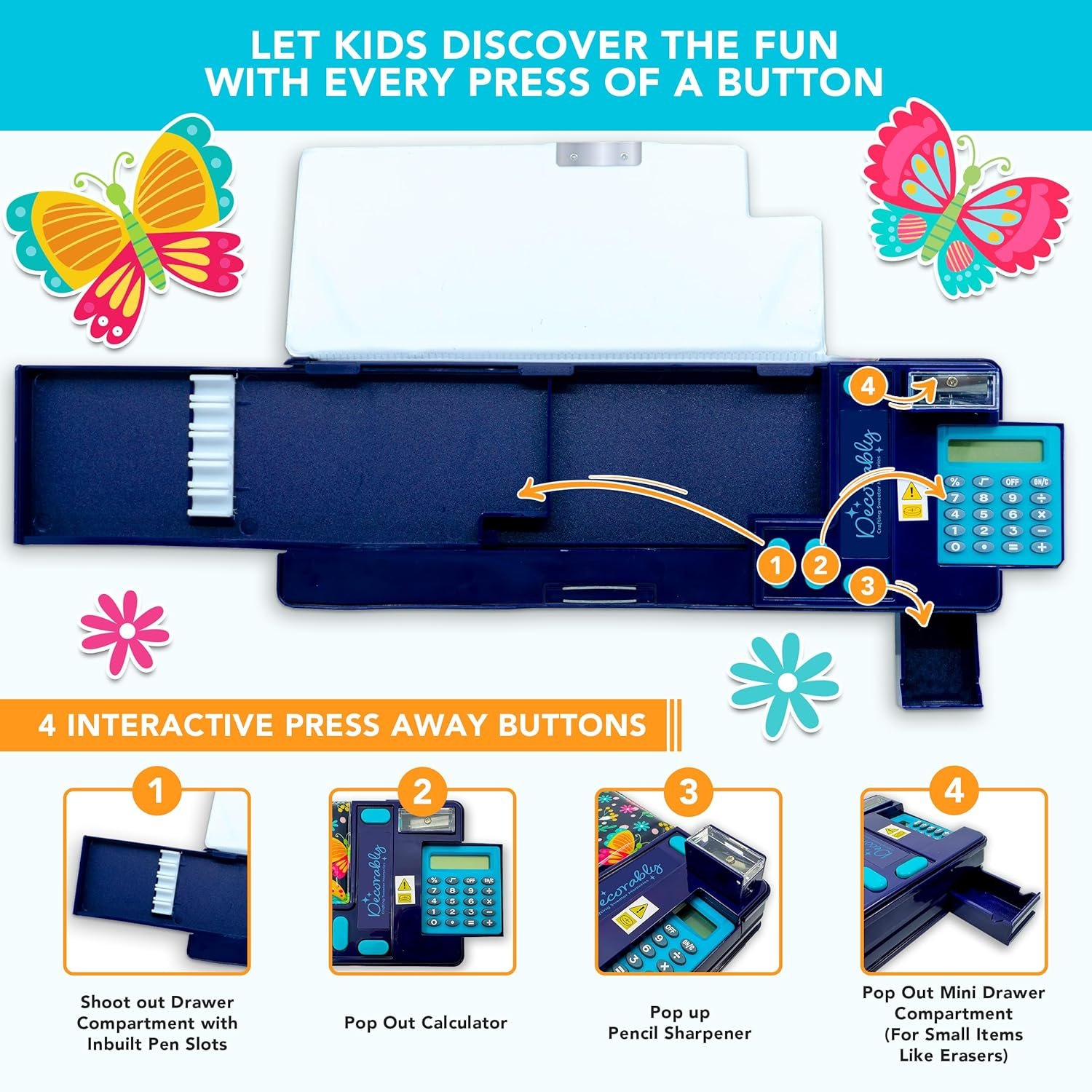 Private Label Pop Up Butterfly Multifunctional Pencil Case for Girls with Calculator Sharpener Pen Slots Mini Drawer Custom Logo 2 Main Compartments Magnetic Closure - Manufacturer Back to School Gift for Kids