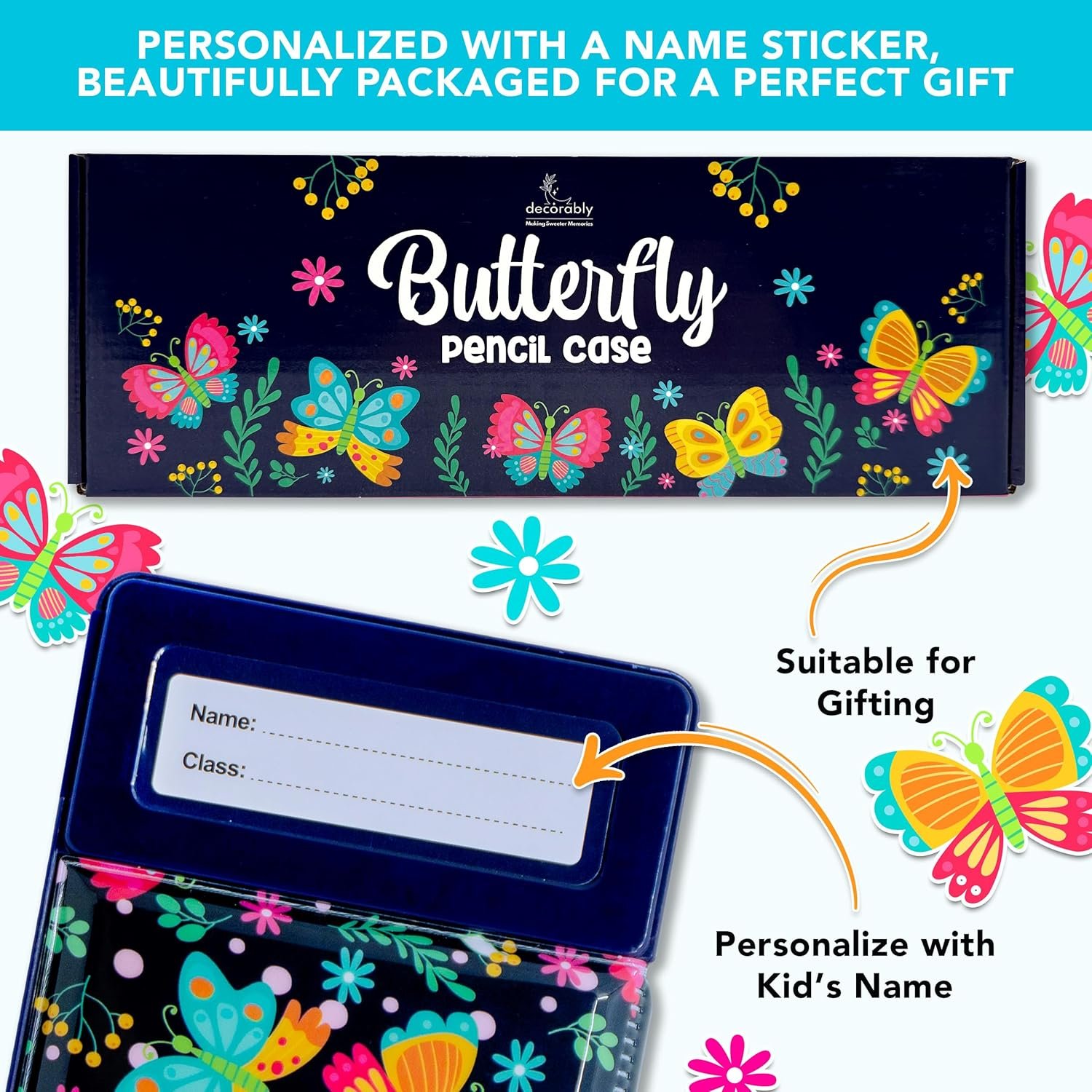 Private Label Pop Up Butterfly Multifunctional Pencil Case for Girls with Calculator Sharpener Pen Slots Mini Drawer Custom Logo 2 Main Compartments Magnetic Closure - Manufacturer Back to School Gift for Kids