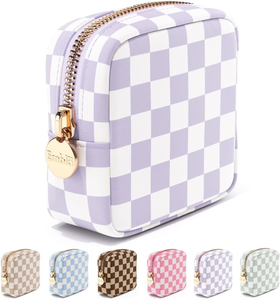 Embla Makeup Bag Travel Cosmetic Bag, Toiletry Bag, Cute Makeup Organizer, Nylon Zipper Pouch Purse Storage Bag Cosmetics Organizer, Womens Make Up Bag Mini Makeup Bags (Dusty Rose Checkered)