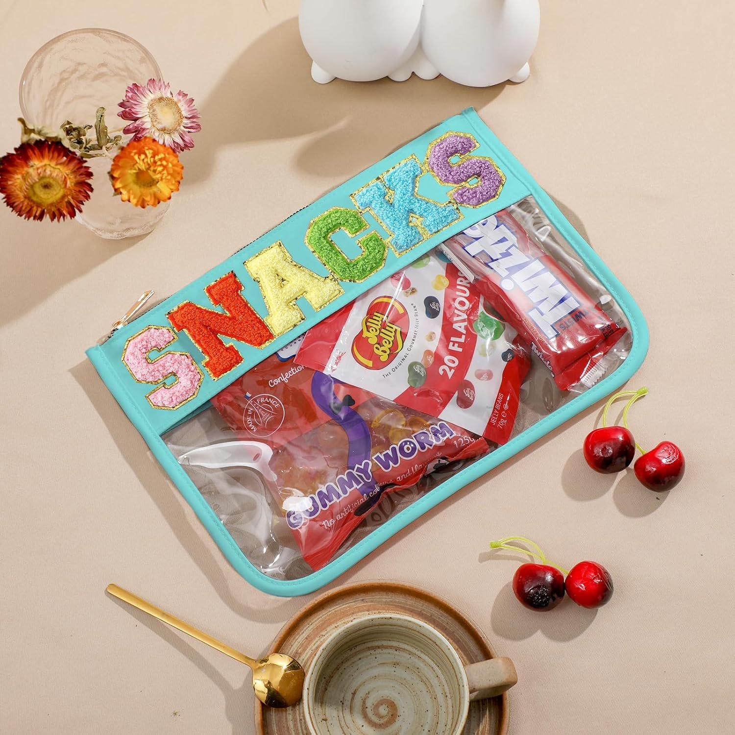 Private Label Chenille Letter Clear Zipper Travel Pouch Custom Logo Nylon Cosmetic Makeup Bag for Women Girls Manufacturer 11.8 Inches x 8.2 Inches