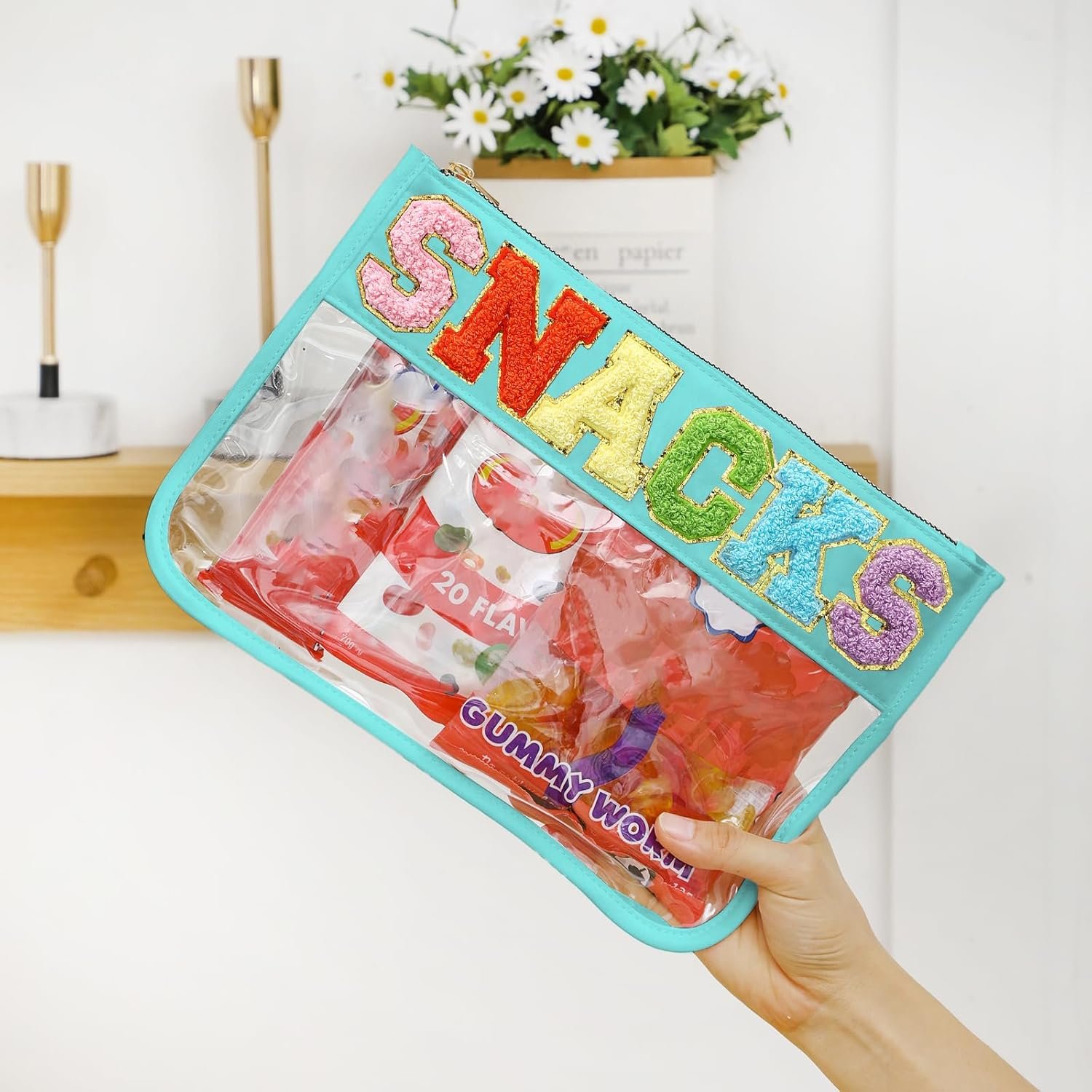 Private Label Chenille Letter Clear Zipper Travel Pouch Custom Logo Nylon Cosmetic Makeup Bag for Women Girls Manufacturer 11.8 Inches x 8.2 Inches