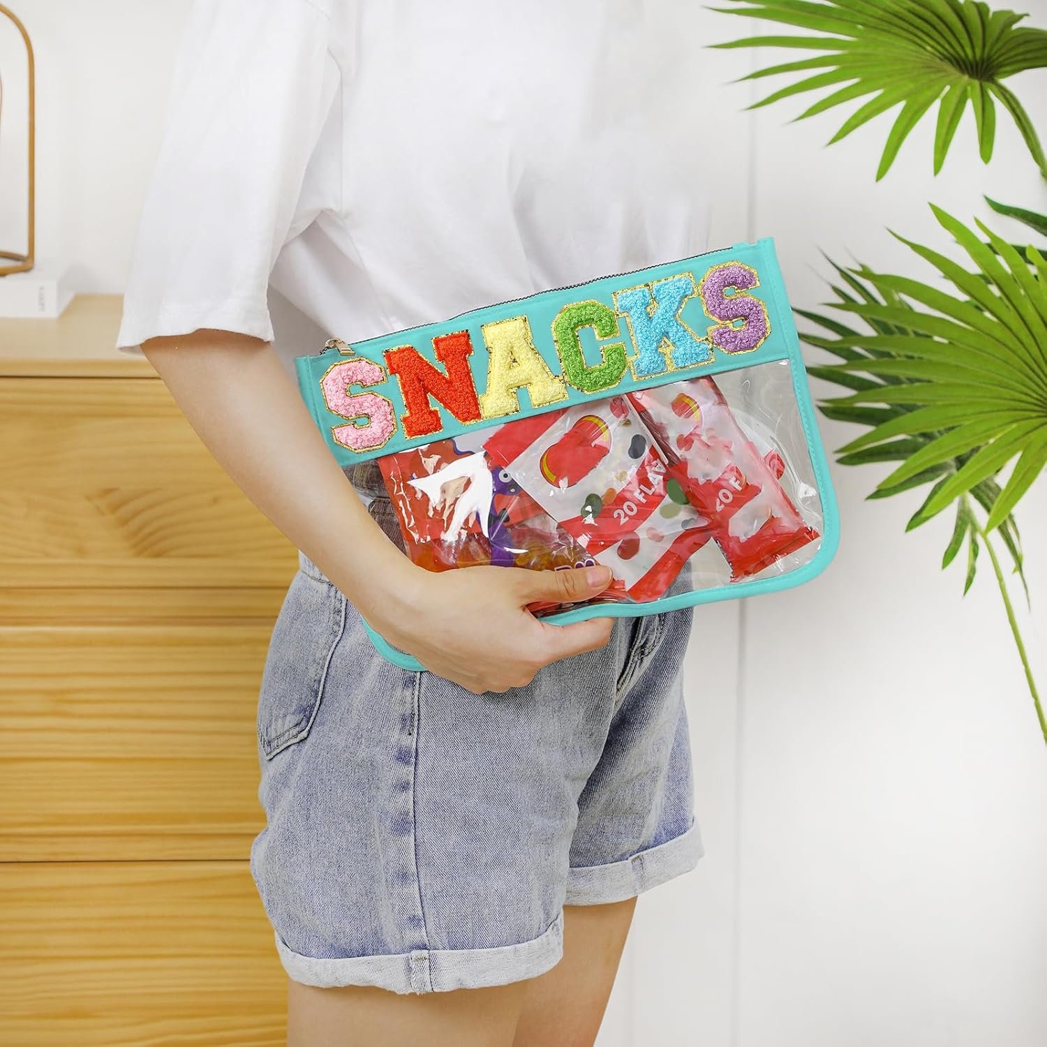 Private Label Chenille Letter Clear Zipper Travel Pouch Custom Logo Nylon Cosmetic Makeup Bag for Women Girls Manufacturer 11.8 Inches x 8.2 Inches