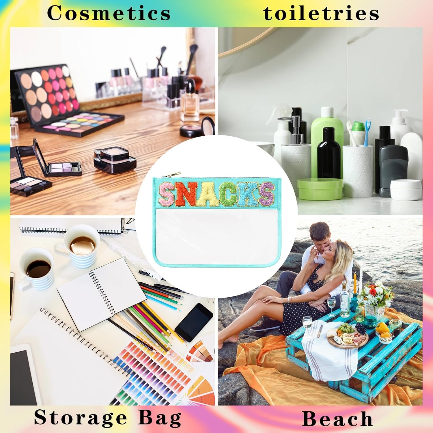 Private Label Chenille Letter Clear Zipper Travel Pouch Custom Logo Nylon Cosmetic Makeup Bag for Women Girls Manufacturer 11.8 Inches x 8.2 Inches