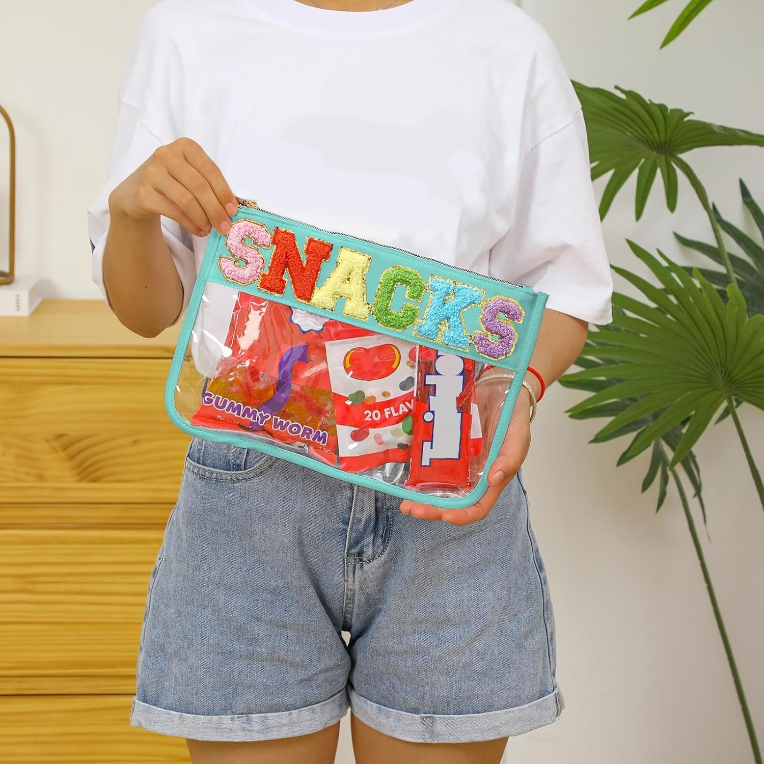 Private Label Chenille Letter Clear Zipper Travel Pouch Custom Logo Nylon Cosmetic Makeup Bag for Women Girls Manufacturer 11.8 Inches x 8.2 Inches