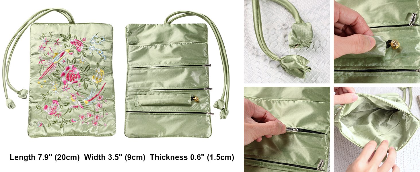 Custom Logo Embroidery Travel Jewelry Bag Roll Embroidered Flower and Bird Brocade Private Label Organizer with Tie Close Supplier