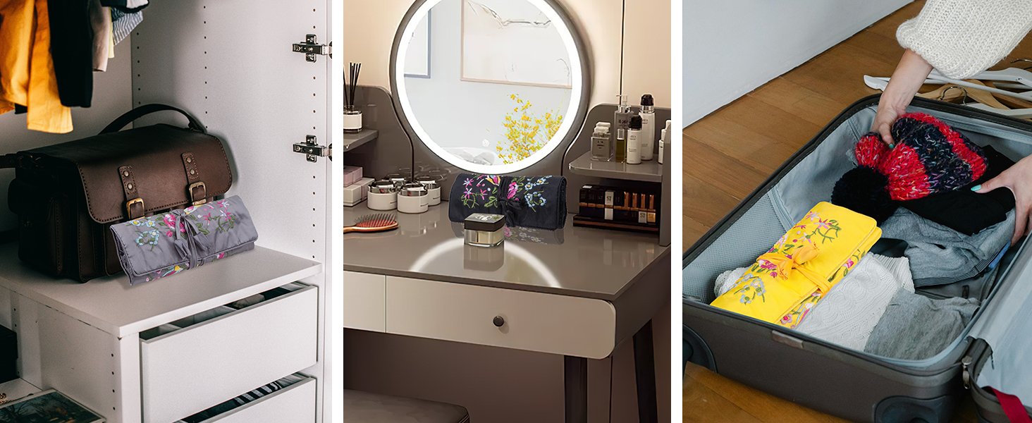 Custom Logo Embroidery Travel Jewelry Bag Roll Embroidered Flower and Bird Brocade Private Label Organizer with Tie Close Supplier