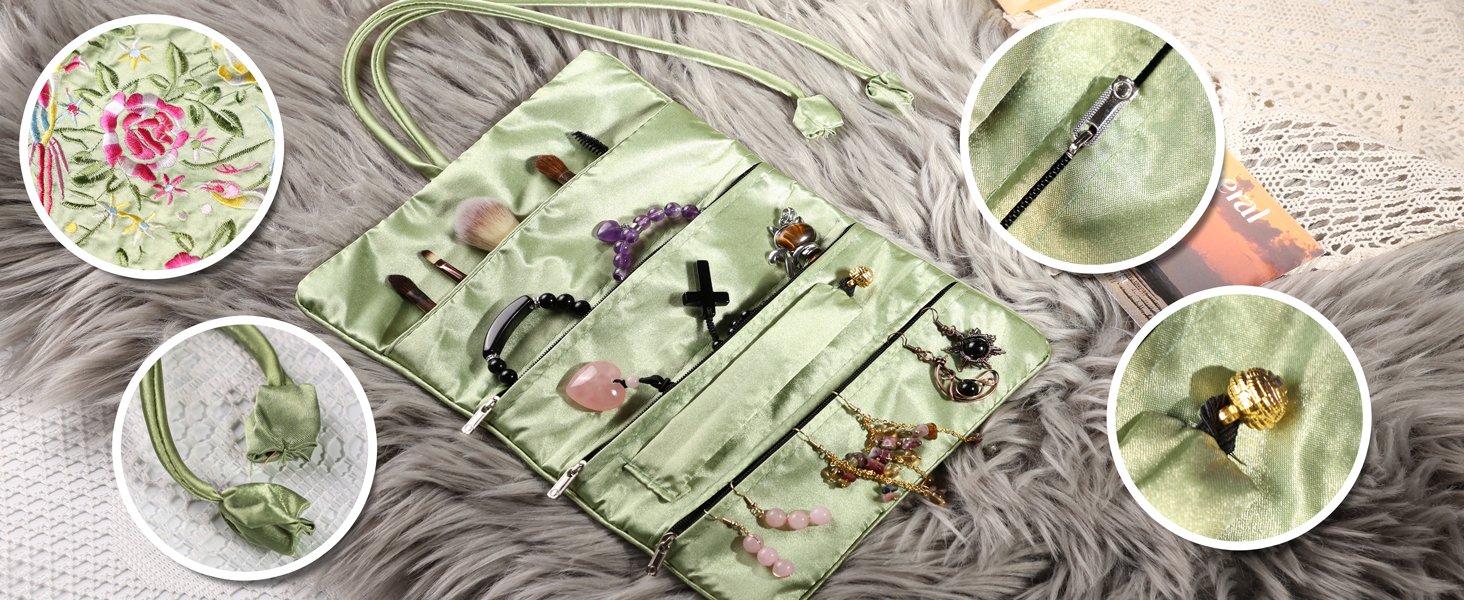 Custom Logo Embroidery Travel Jewelry Bag Roll Embroidered Flower and Bird Brocade Private Label Organizer with Tie Close Supplier