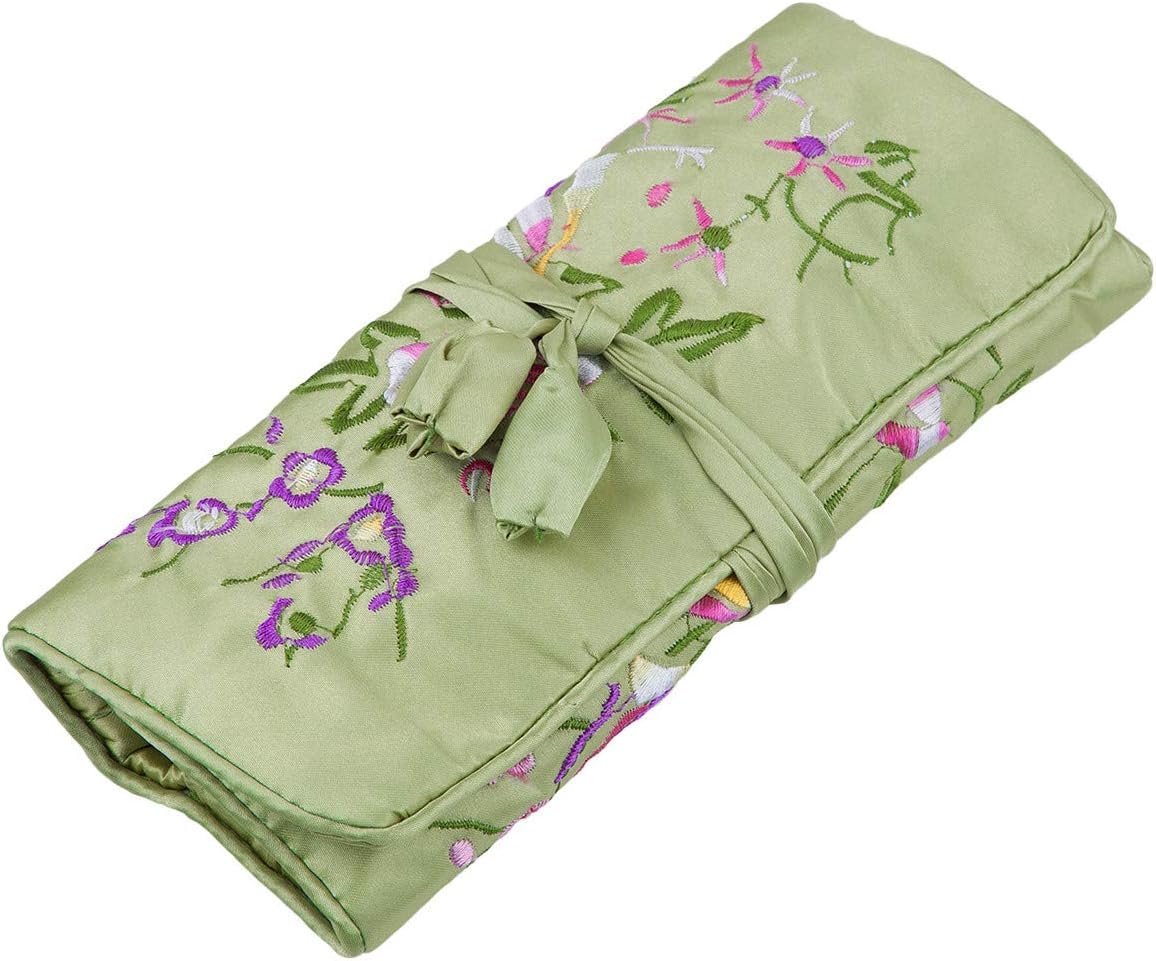 TUMBEELLUWA Embroidery Travel Jewelry Bag Roll Embroidered Flower and Bird Brocade Organizer with Tie Close