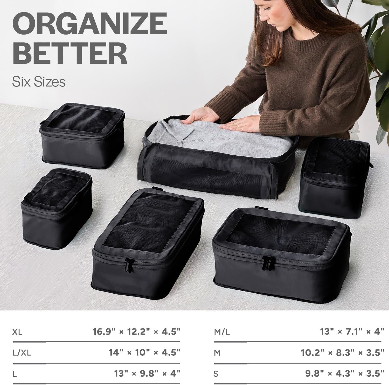 Private Label Compression Packing Cubes for Travel - Manufacturer Luggage Organizer Bags with Double Zipper for Suitcases - Custom Logo (6-Pack, Black)
