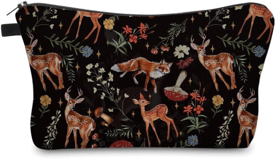 Small Makeup Bag Cosmetic Bag for Women, Pretty Design Organizer Case with Zipper Closure, Lightweight and Water-Resistant Make Up Bag - 8.65"x 5.35" x 7.08"（Sika Deer & Fox）