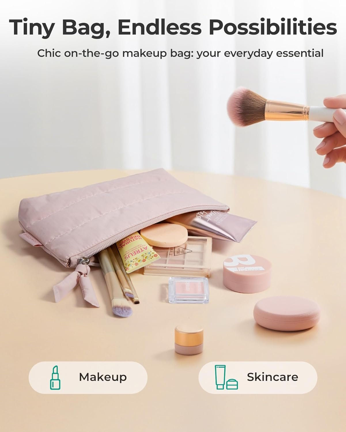 Custom Logo Small Makeup Bag, Puffy Portable Private Label Cosmetic Pouch with Charm Zipper, Water-Resistant Travel Organizer for Women (Black, Small) Factory