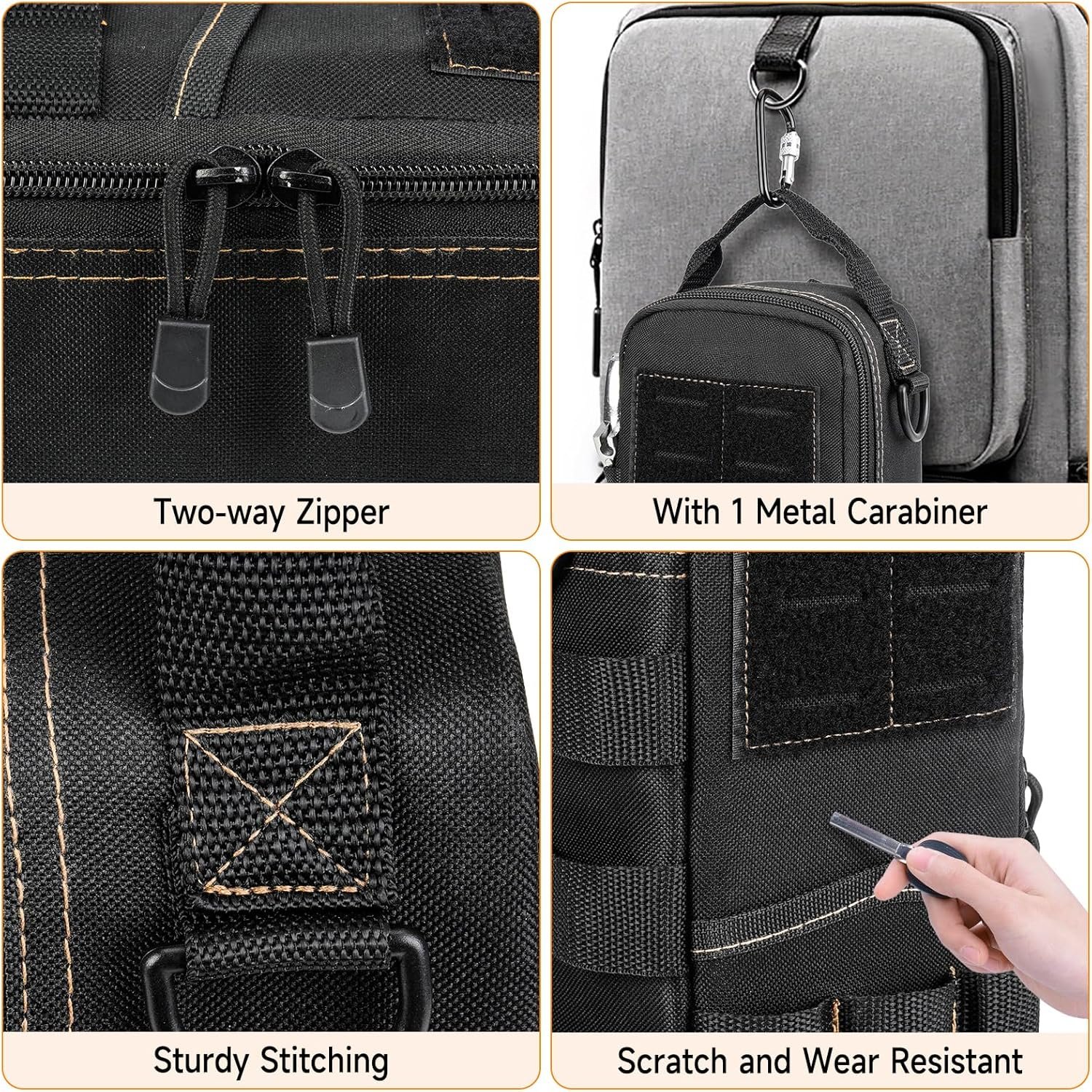 Private Label Heavy Duty Small Tool Bags with Carabiner for Men Tactical Tool Pouch Manufacturer Portable Utility Storage Organizer Case with Shoulder Strap for EDC Motorcycle Camping Road Trips Electricians Black Custom Logo