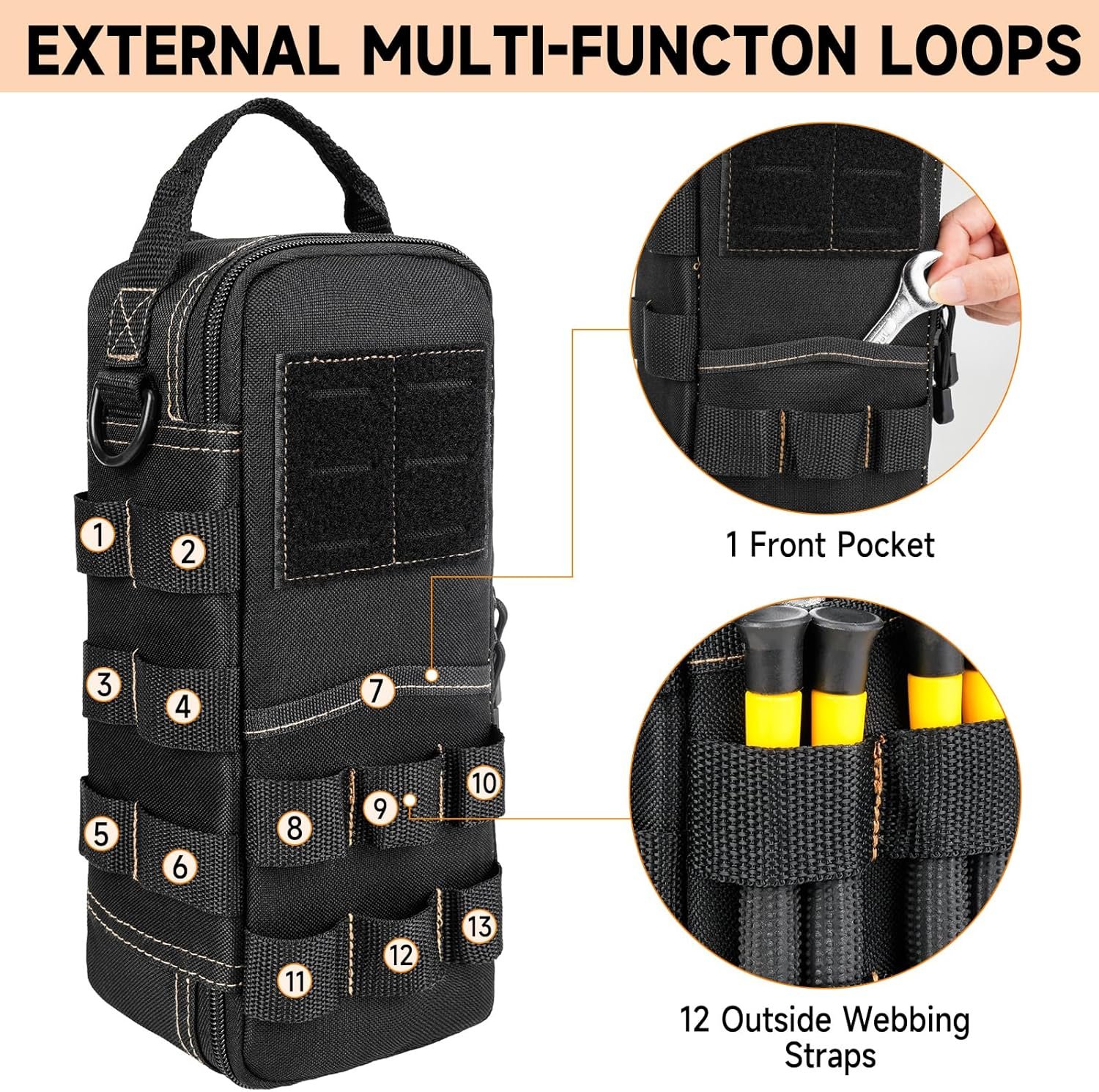 Private Label Heavy Duty Small Tool Bags with Carabiner for Men Tactical Tool Pouch Manufacturer Portable Utility Storage Organizer Case with Shoulder Strap for EDC Motorcycle Camping Road Trips Electricians Black Custom Logo