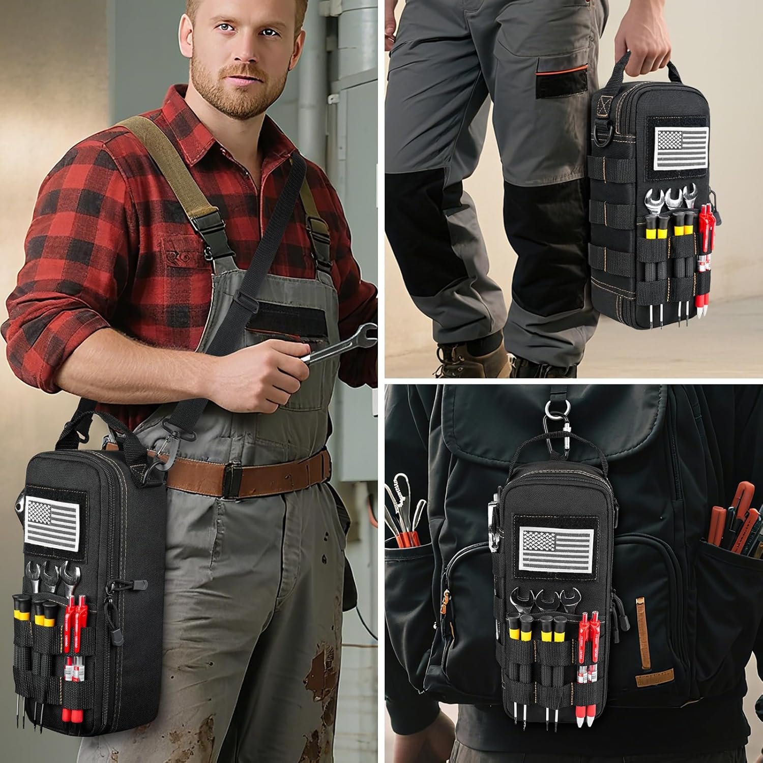 Private Label Heavy Duty Small Tool Bags with Carabiner for Men Tactical Tool Pouch Manufacturer Portable Utility Storage Organizer Case with Shoulder Strap for EDC Motorcycle Camping Road Trips Electricians Black Custom Logo