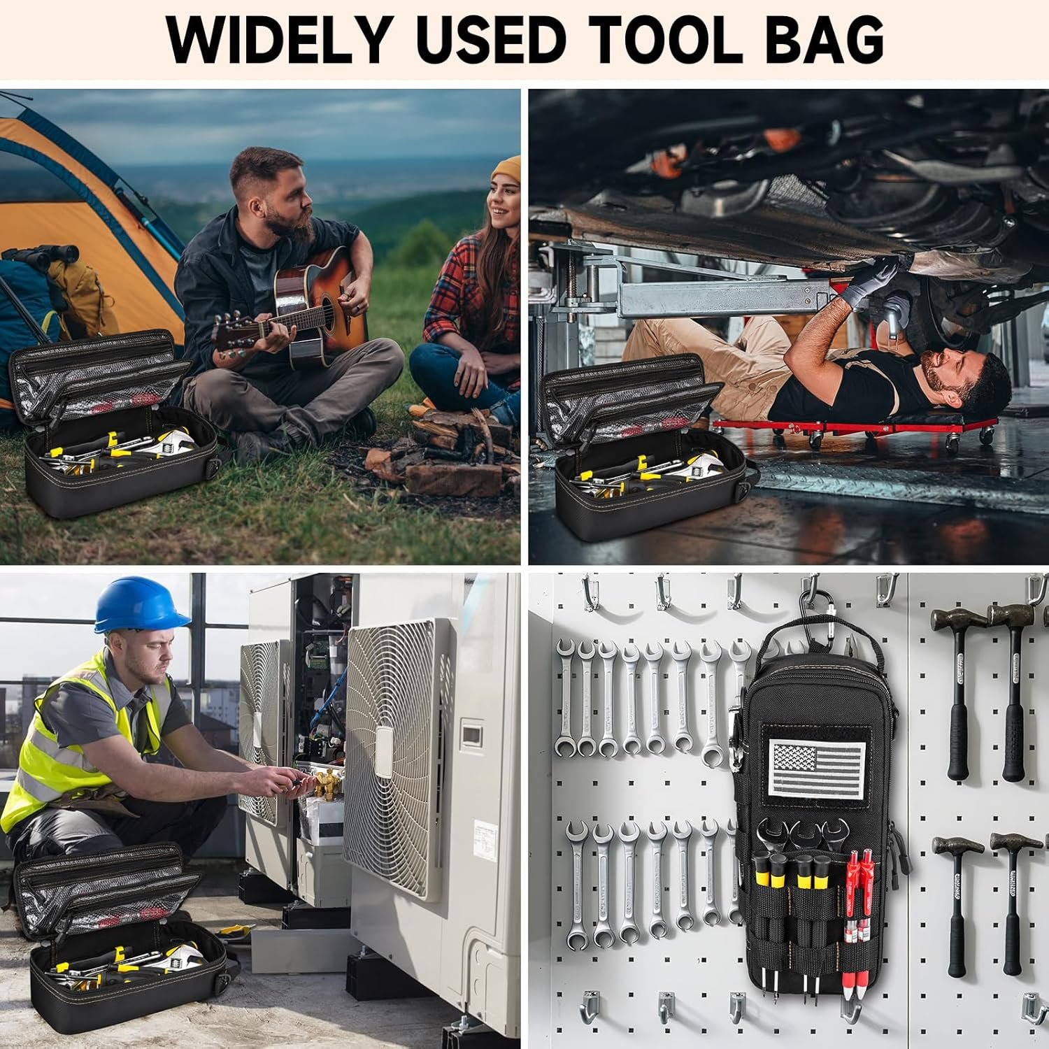 Private Label Heavy Duty Small Tool Bags with Carabiner for Men Tactical Tool Pouch Manufacturer Portable Utility Storage Organizer Case with Shoulder Strap for EDC Motorcycle Camping Road Trips Electricians Black Custom Logo