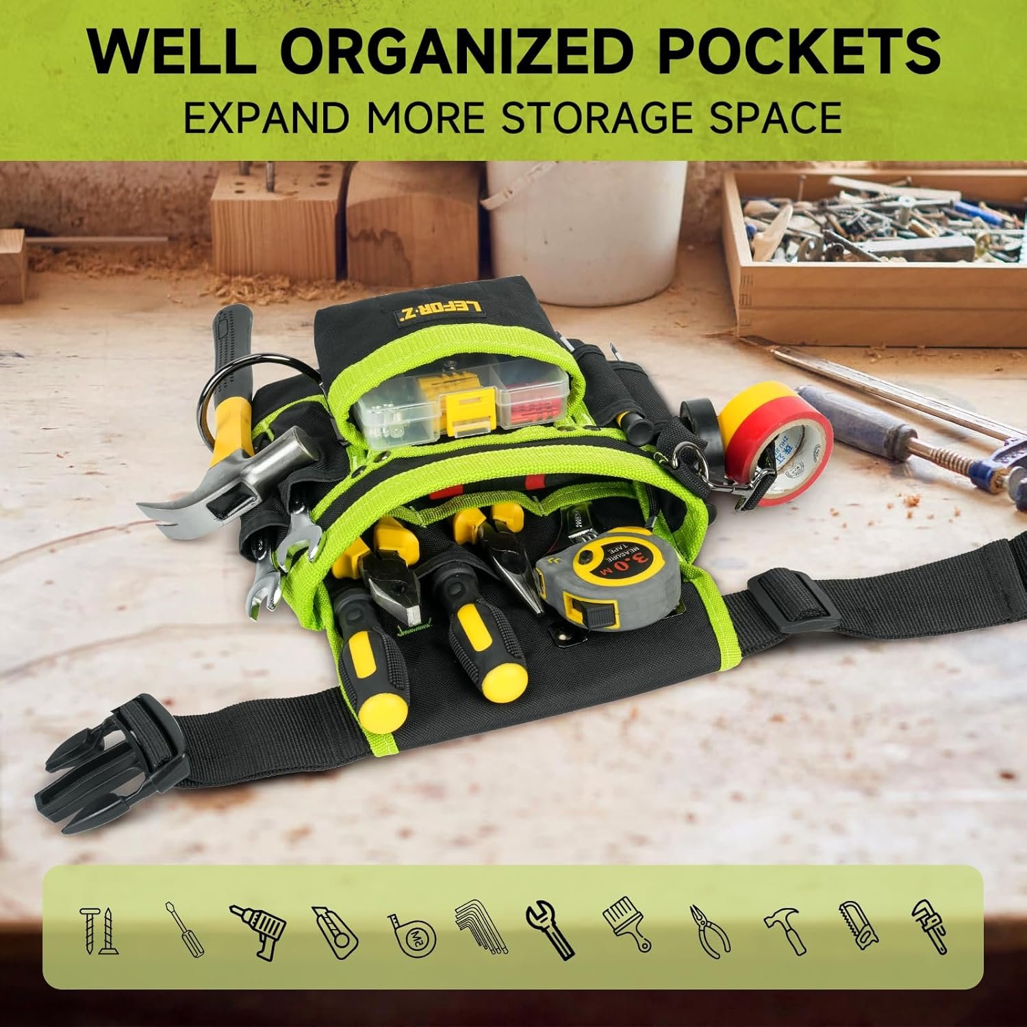Custom Logo Magnetic 14-Pocket Tool Belt Pouch Detachable Adjustable Utility Work Apron for Electricians Carpenters Construction Men Private Label Supplier Black-Green Custom Logo Magnetic 14-Pocket Tool Belt Pouch Detachable Adjustable Utility Work Apron for Electricians Carpenters Construction Men Private Label Supplier Black-Green