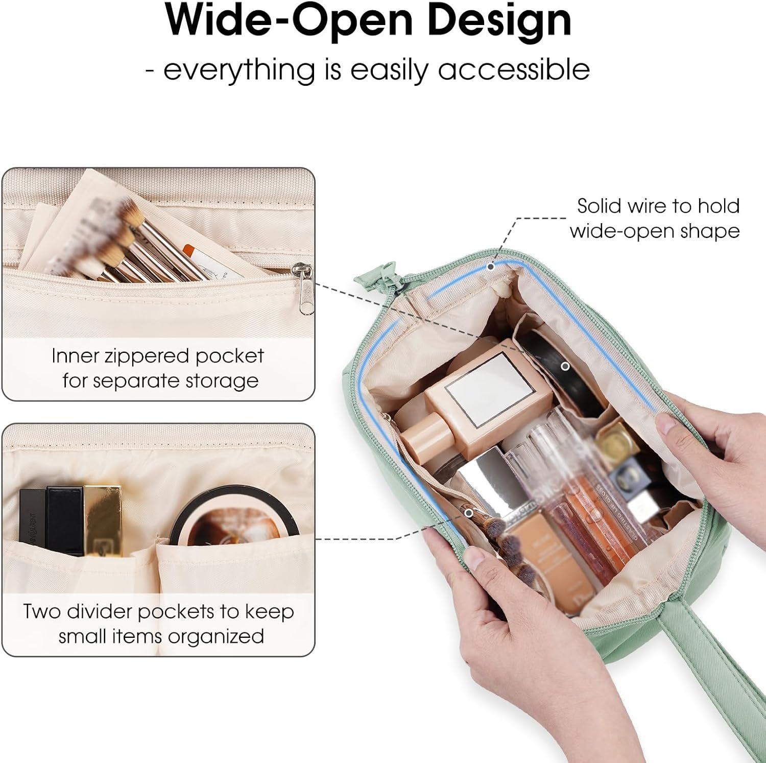 Private Label Wide-Open Makeup Bag for Women and Girls Travel Toiletry Cosmetic Organizer with Custom Logo Compartments for Toiletries Medicine Mint Green Manufacturer