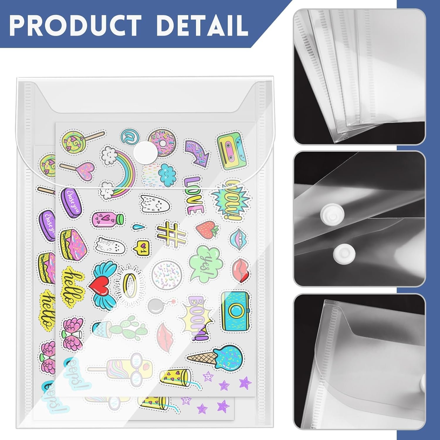 Private Label 20 Pcs Snap Closure Waterproof Small Plastic Envelopes Custom Logo Reusable Stamp Die Storage Pockets Clear Pouch Sticker Organizer Receipt Holder Photo Folders Manufacturer 5x7 Inch