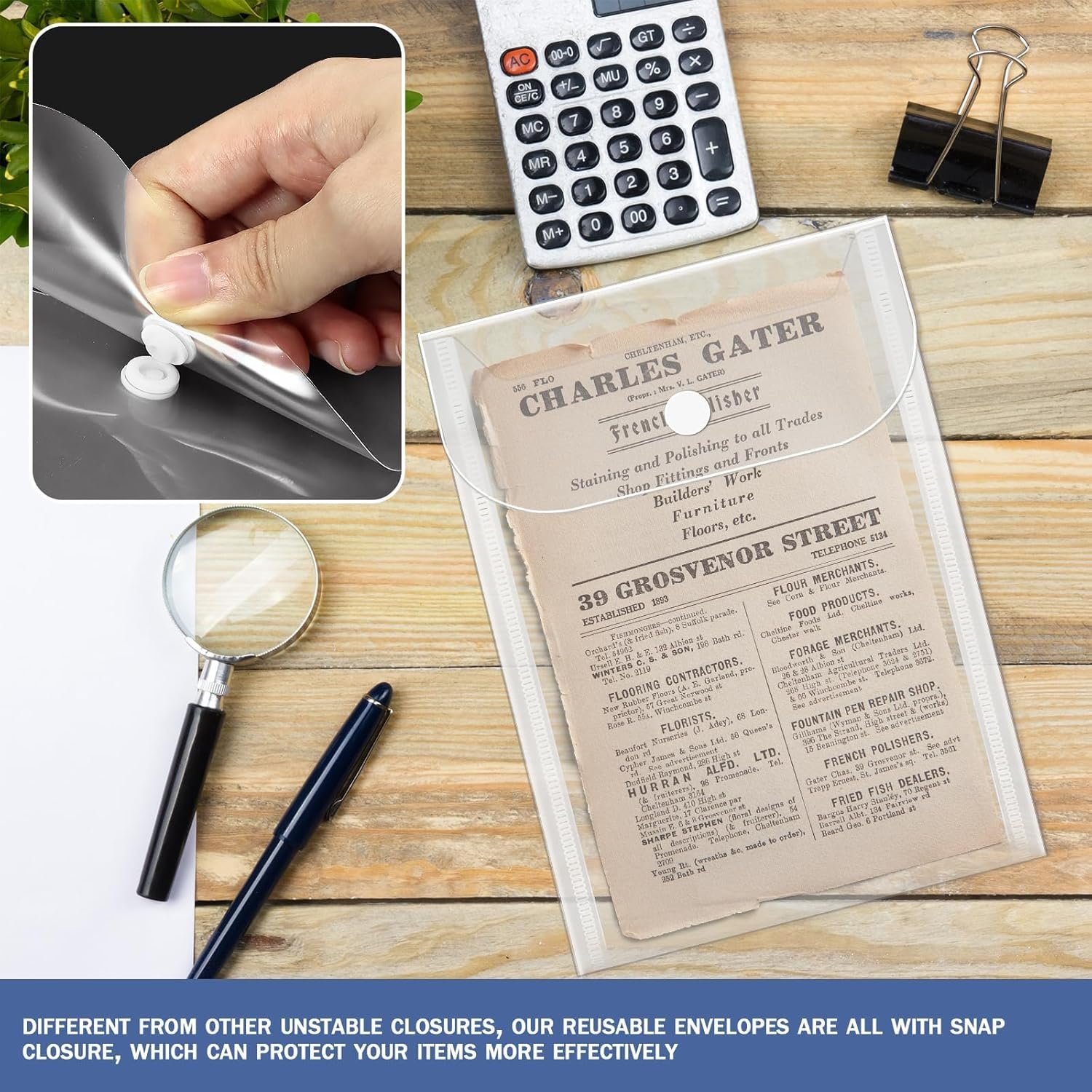 Private Label 20 Pcs Snap Closure Waterproof Small Plastic Envelopes Custom Logo Reusable Stamp Die Storage Pockets Clear Pouch Sticker Organizer Receipt Holder Photo Folders Manufacturer 5x7 Inch