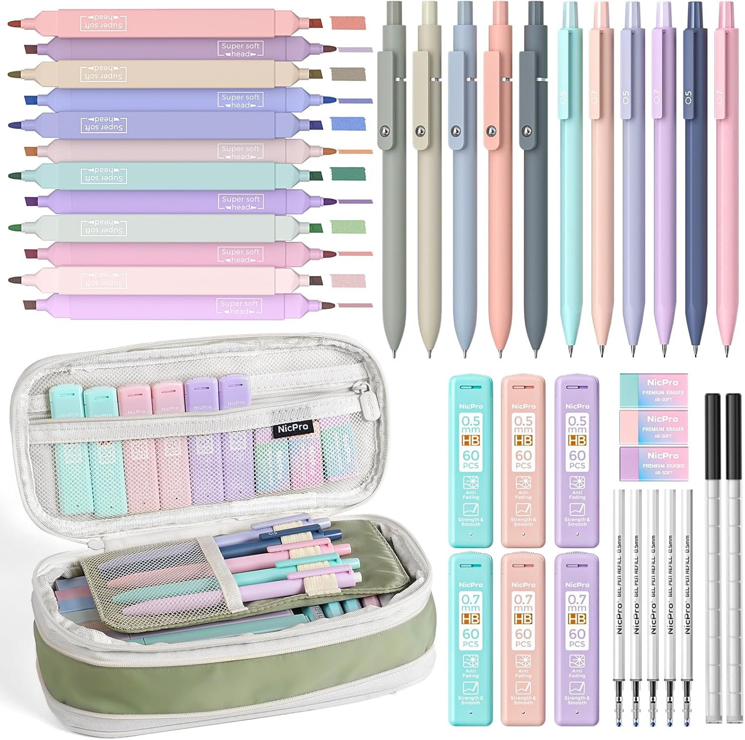 Private Label 39 PCS Aesthetic School Supplies with Custom Logo Cute Pencil Case 12 Color Pastel Highlighters 5 Quick Dry Retractable Black Ink Pens 6 Pastel Mechanical Pencils 0.5 & 0.7 mm Manufacturer for Student Stationery