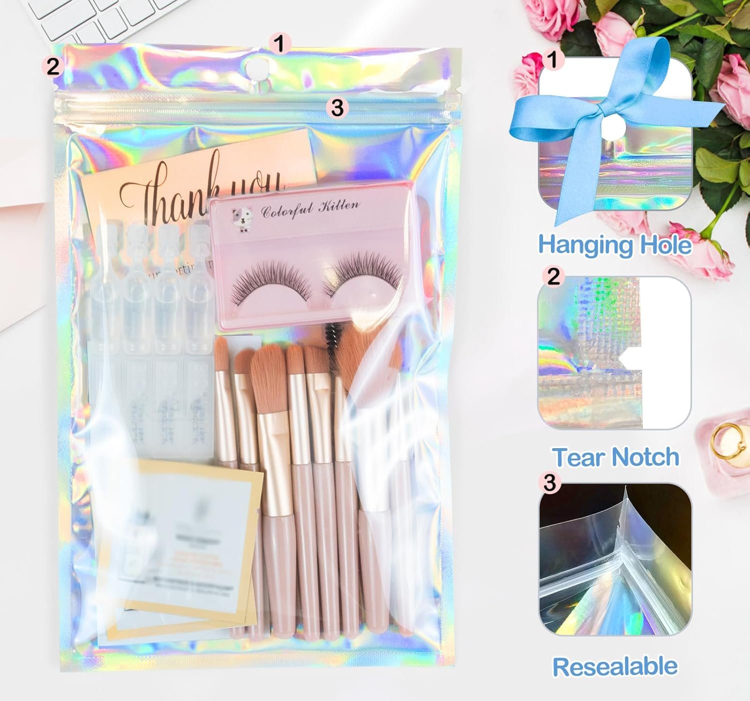 Custom Logo Smell Proof Resealable Foil Pouch Mylar Sample Bags Private Label Holographic Color for Party Favor Food Storage Factory 50pcs 6x9 inch