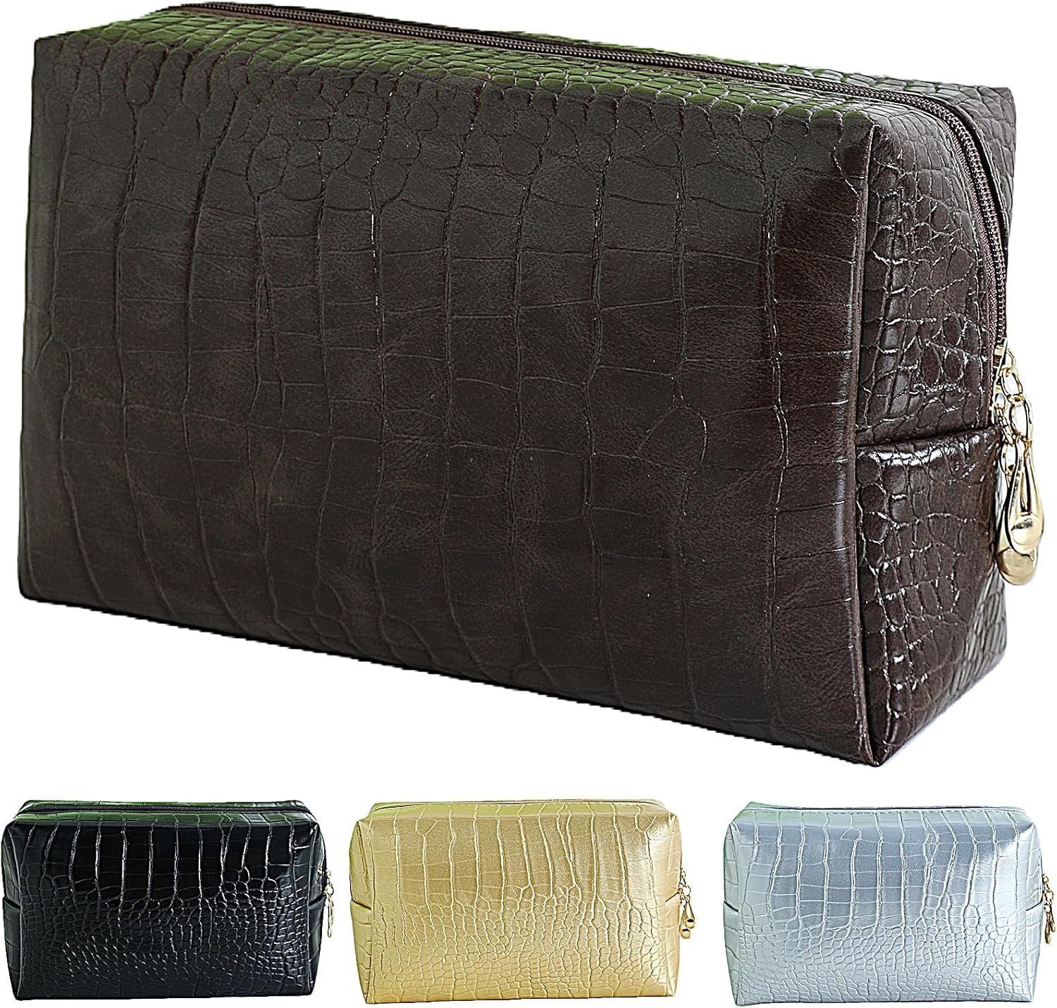 Makeup Bag for Purse, Compact Toiletry Pouch, Crocodile-Embossed Cosmetic Travel Bag, Small Makeup Pouch, Unisex Toiletry Travel Bag