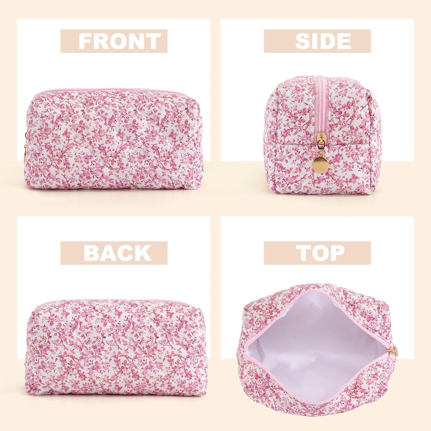 Private Label Small Makeup Travel Toiletry Cosmetic Bag for Women Cute Quilted Cotton Pouch for Purse Emergency Floral Pencil Case Accessory Baby Pink with Custom Logo by Manufacturer