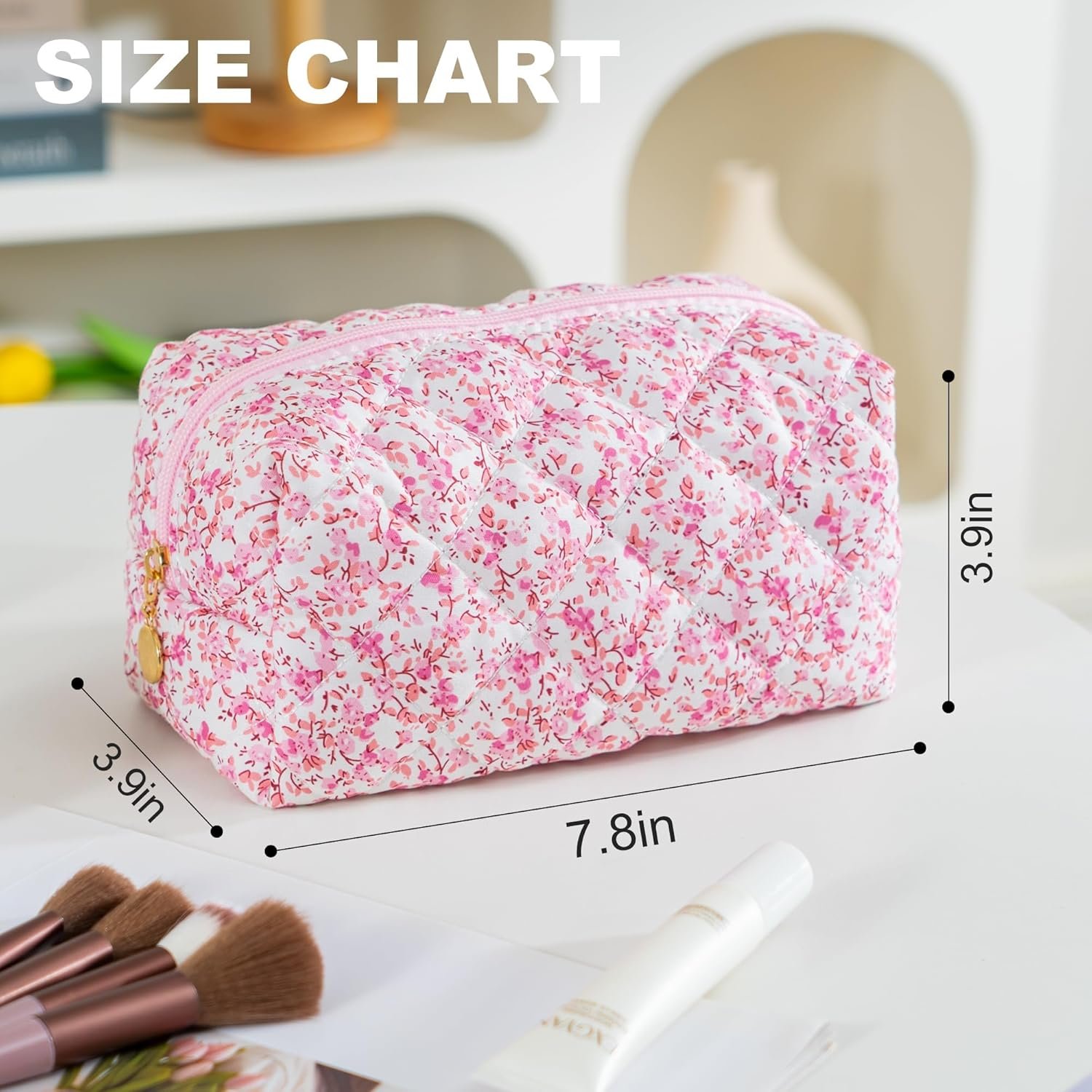 Private Label Small Makeup Travel Toiletry Cosmetic Bag for Women Cute Quilted Cotton Pouch for Purse Emergency Floral Pencil Case Accessory Baby Pink with Custom Logo by Manufacturer