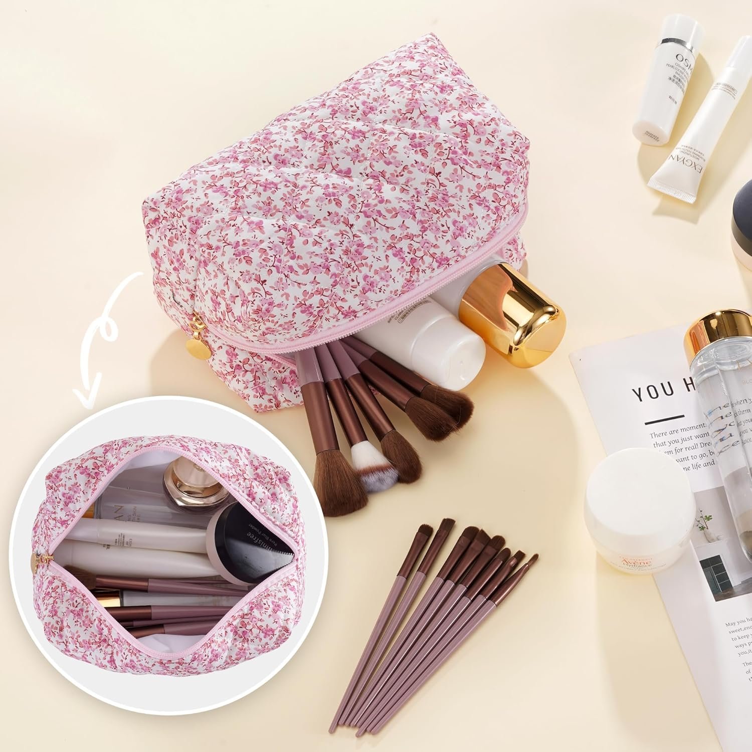 Private Label Small Makeup Travel Toiletry Cosmetic Bag for Women Cute Quilted Cotton Pouch for Purse Emergency Floral Pencil Case Accessory Baby Pink with Custom Logo by Manufacturer