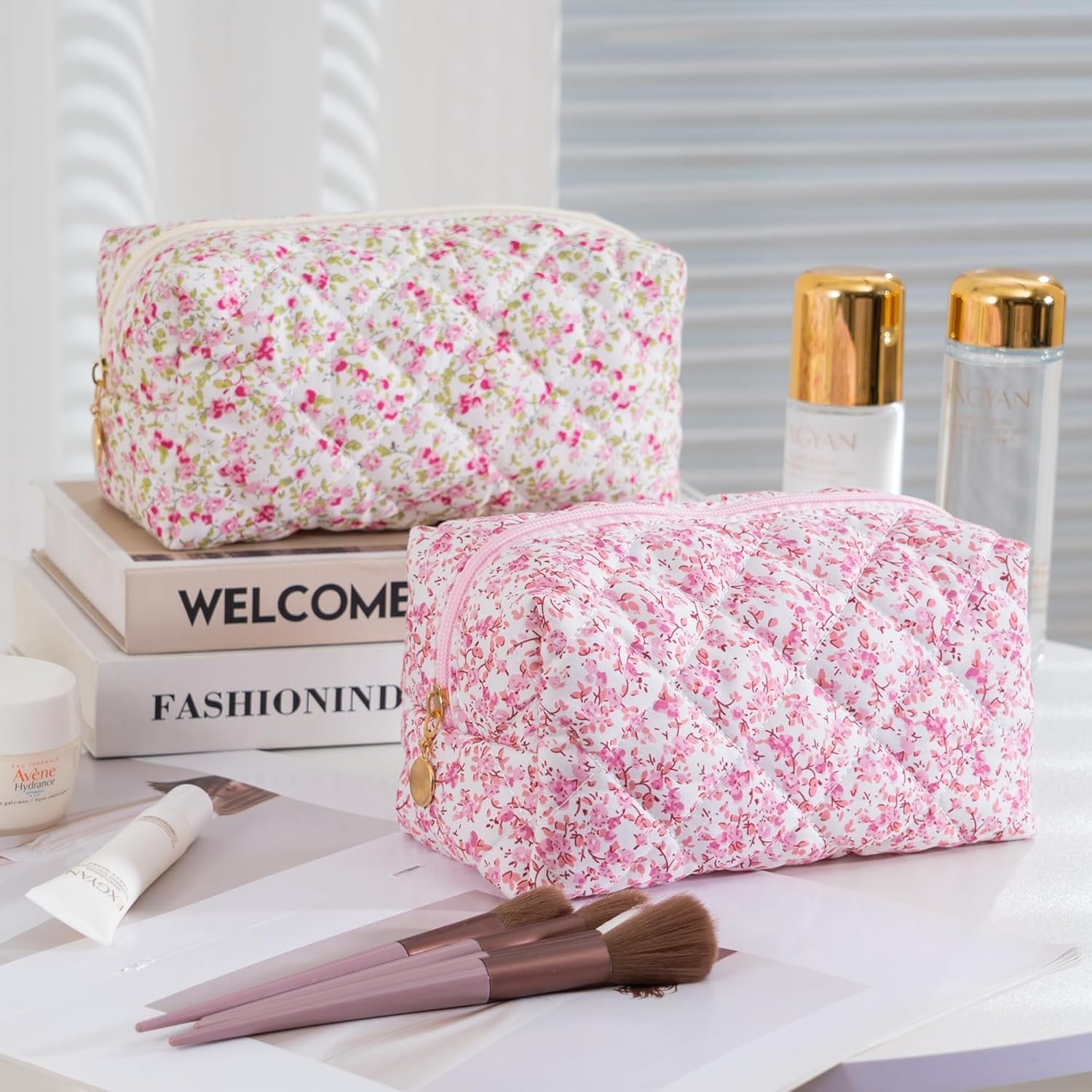 Private Label Small Makeup Travel Toiletry Cosmetic Bag for Women Cute Quilted Cotton Pouch for Purse Emergency Floral Pencil Case Accessory Baby Pink with Custom Logo by Manufacturer