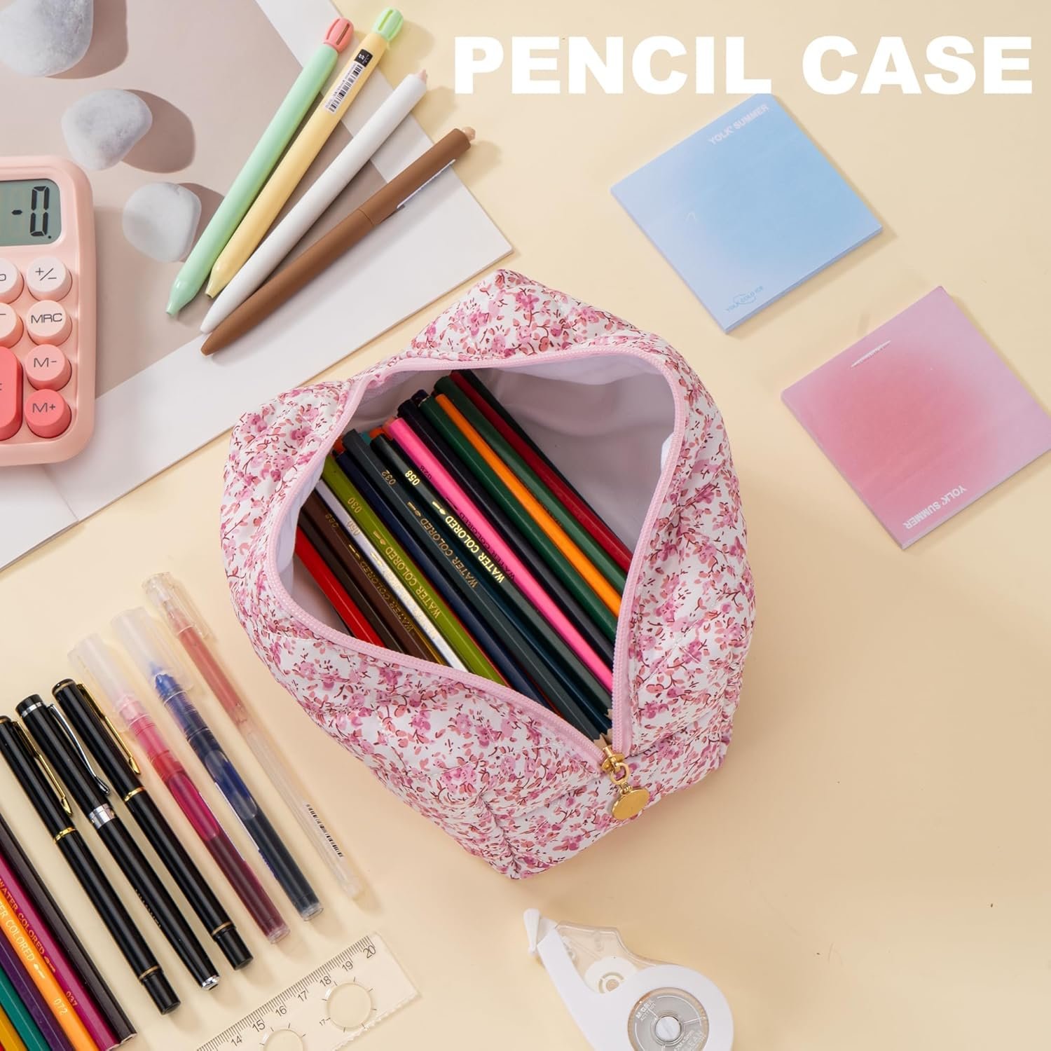 Private Label Small Makeup Travel Toiletry Cosmetic Bag for Women Cute Quilted Cotton Pouch for Purse Emergency Floral Pencil Case Accessory Baby Pink with Custom Logo by Manufacturer